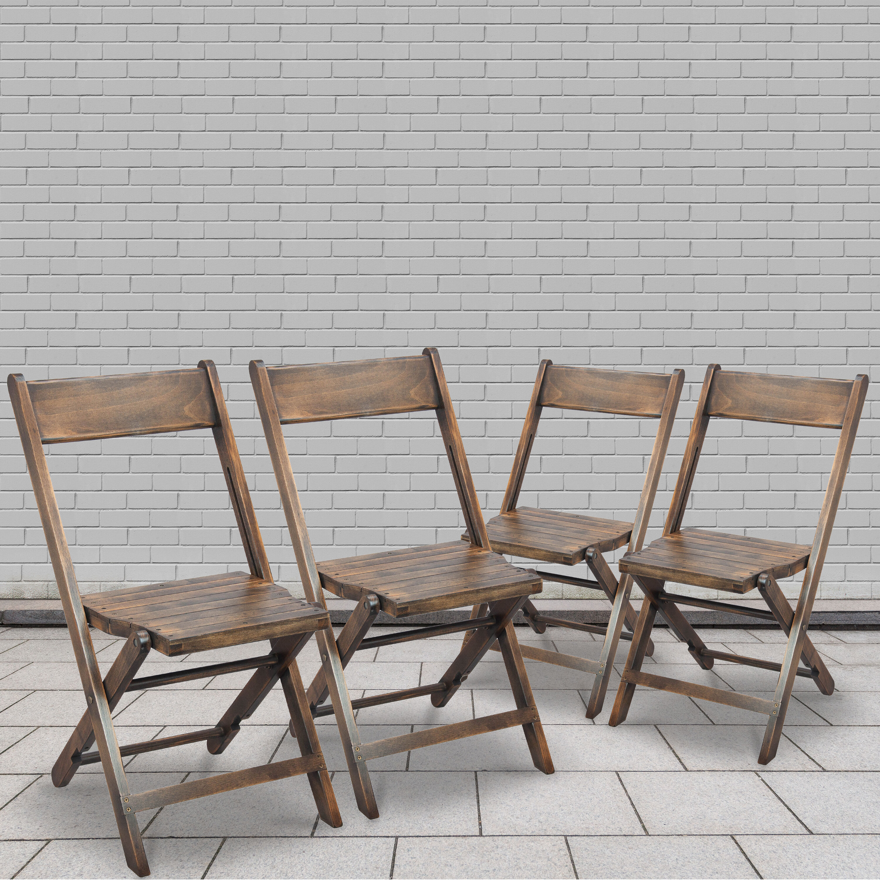Antique Black Slatted Wood Folding Event Chair, Set of 4