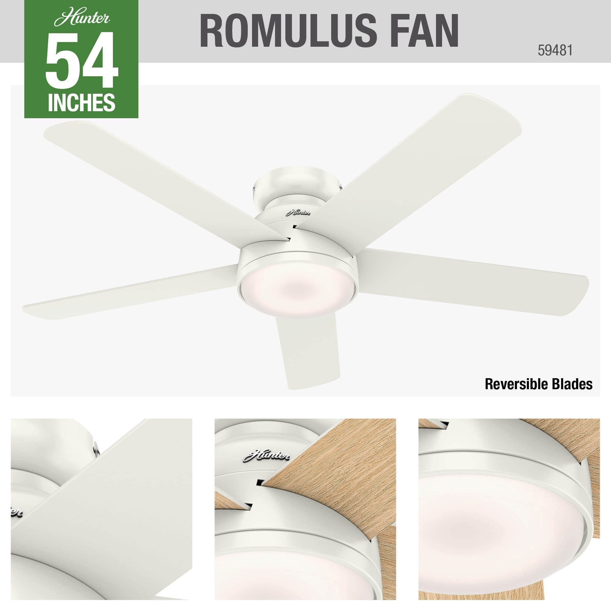 Hunter Romulus 54-in Fresh White LED Indoor Flush Mount Smart Ceiling ...