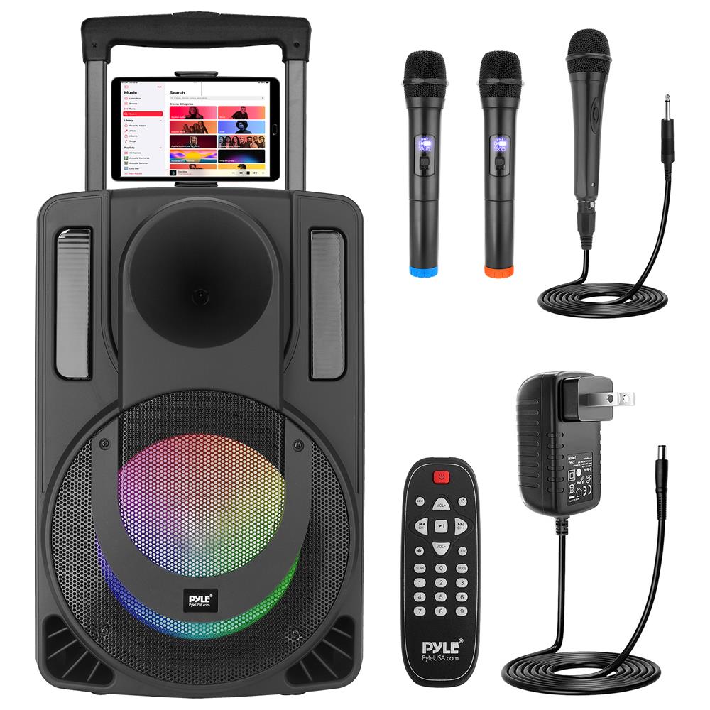 Pyle  10 Portable PA Speaker System  Wireless BT Streaming PA  Karaoke Party Audio Speaker Two Wireless Mic Wired Microphone Tablet Stand Flashing Party Lights MP3USBFM Radio  PHPWA10TB