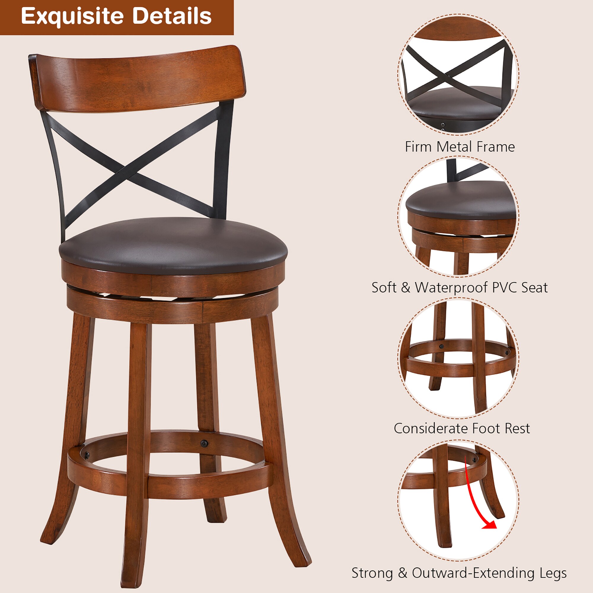 Set of 2 Swivel Brown Rubberwood Bar Stools with Metal Backrest
