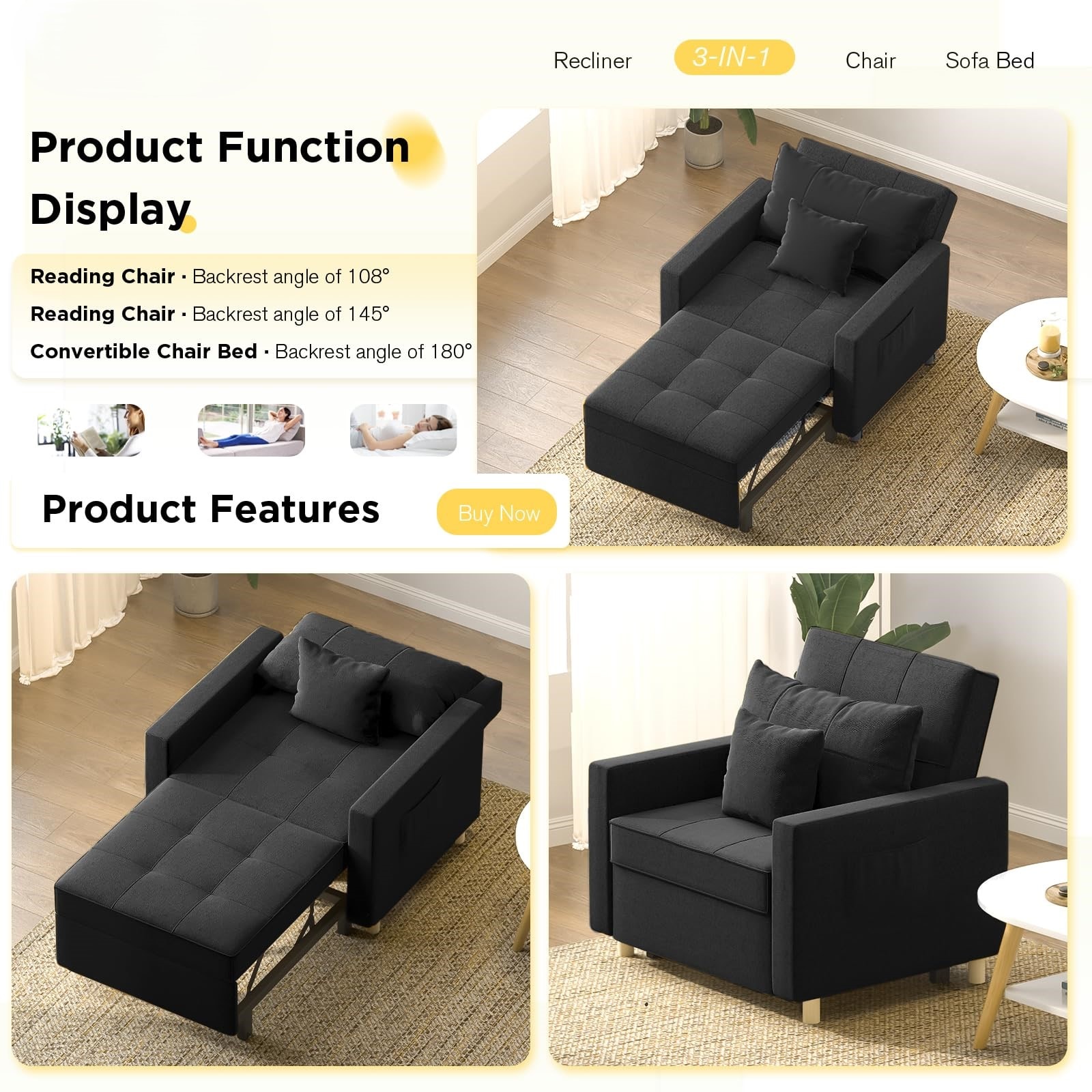 Black Metal 3-in-1 Convertible Sleeper Accent Chair