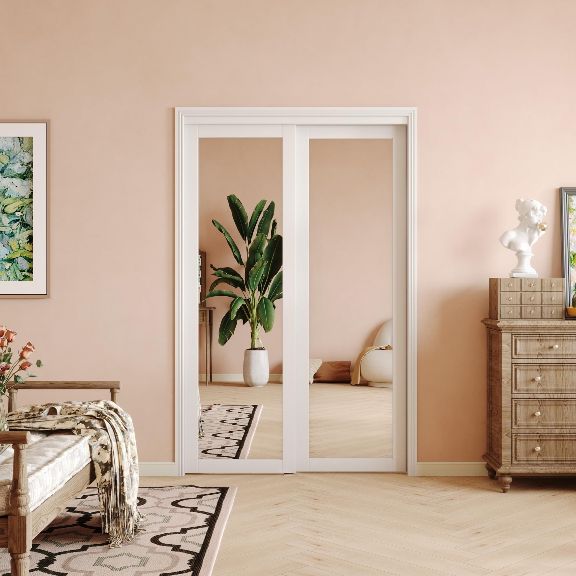 LILILIAN FMY  Sliding Closet Door Forty Eight Double Twenty Five by Eighty Inches One Lite Mirror Sliding Door with Hardware Track Kit and Floor