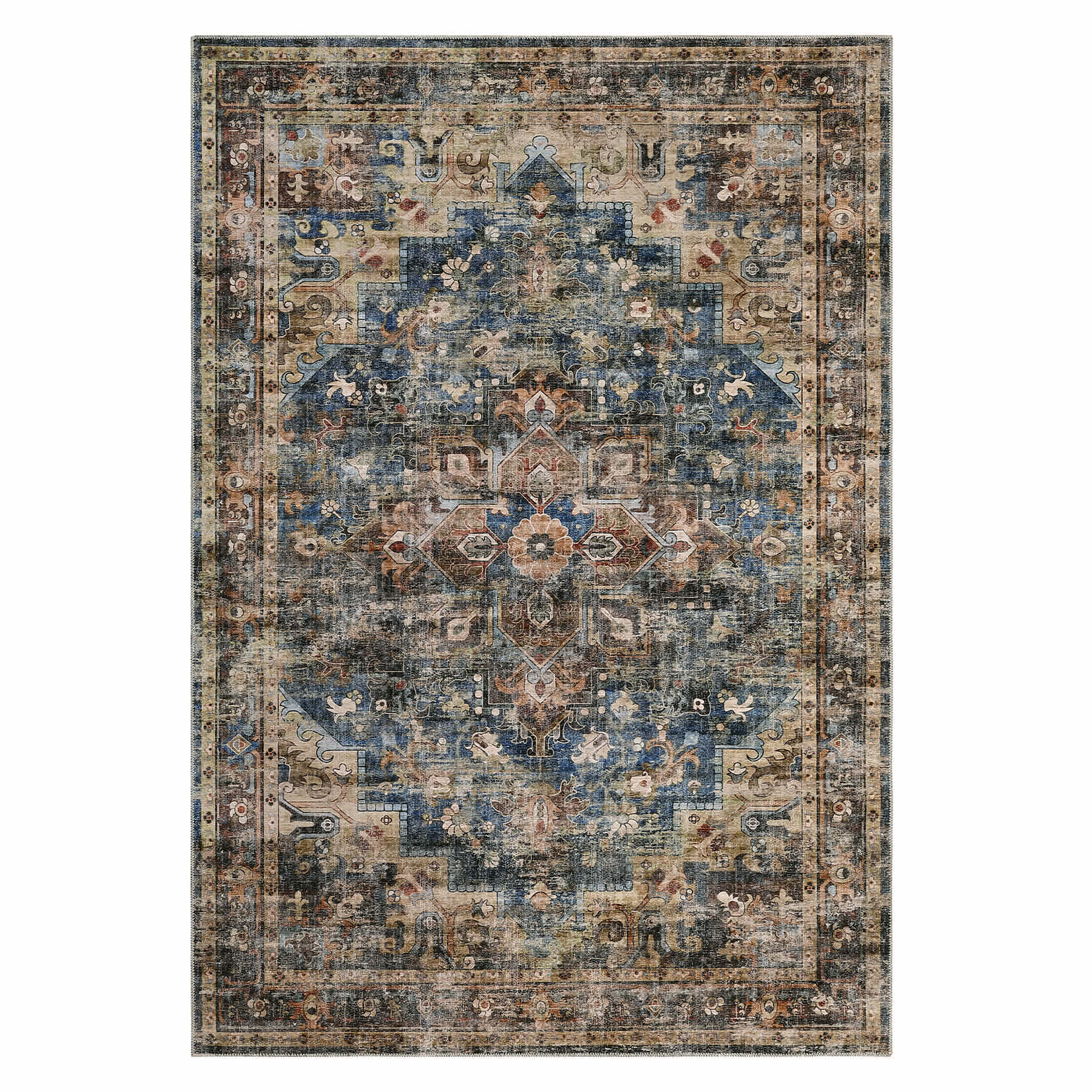Qeetex SUNNY-PHO-11QJJLF5 5 x 7 ft Polyester Blue Brown Rectangular Indoor Bedroom Living Room Floral Print Vintage Machine Washable Area Rug