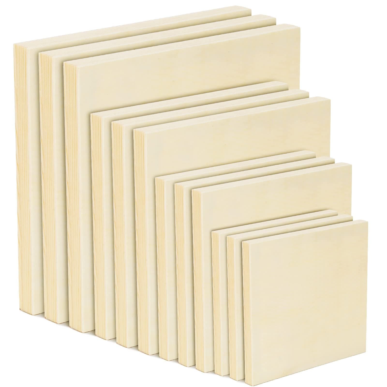 Etokfoks  12 Piece Unfinished Natural Wood Painting Panels 4x4 6x6 8x8 10x10 in Smooth Square Boards for DIY Crafts Decor and Gifts