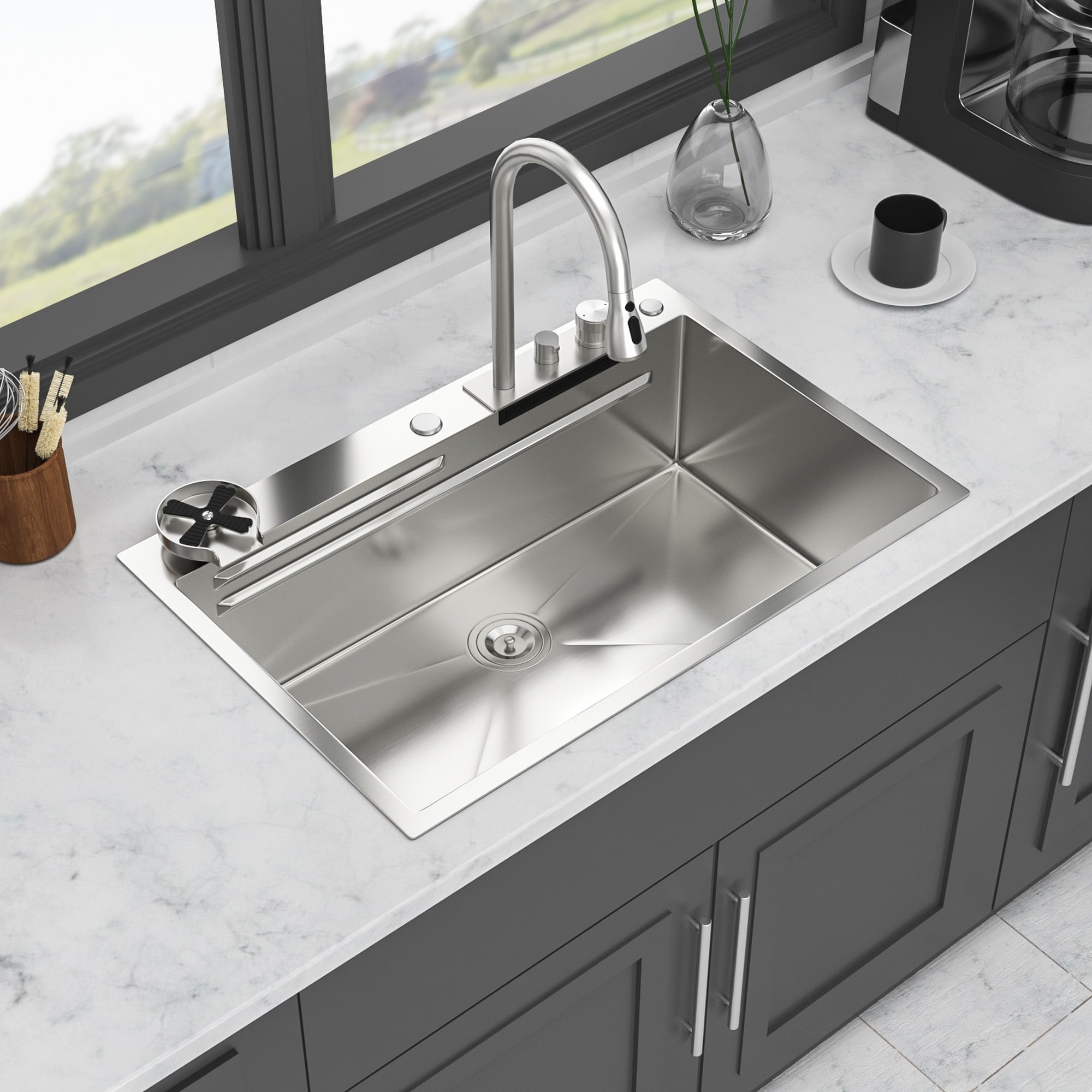 Vorene 33x22x10 inch drop in waterfall workstation kitchen sink adopts robust 16 gauge stainless steel single bowl structure equipped with pull down faucet and cup washer built in ledge for multi task food prep and efficient kitchen cleaning