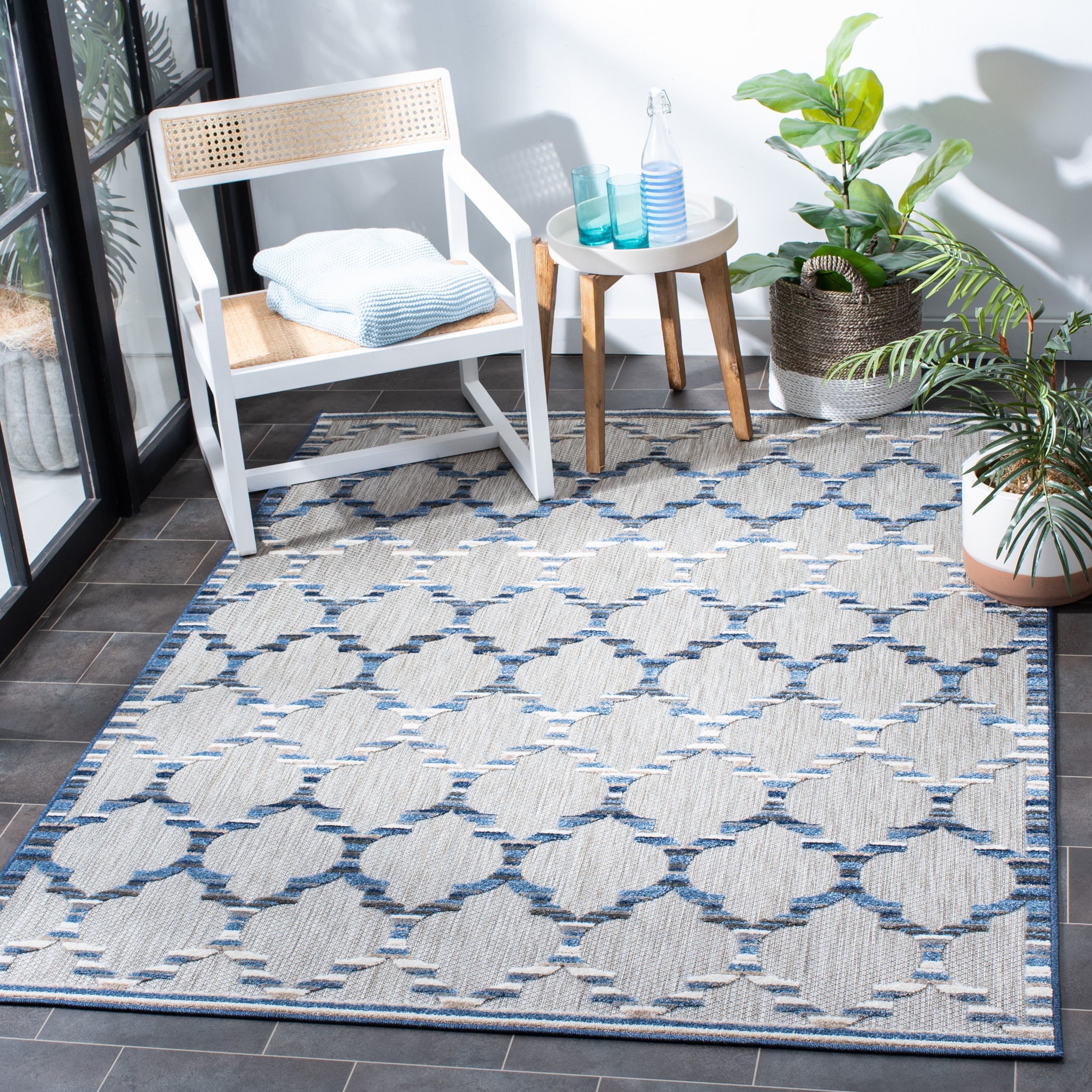 Safavieh CBN333G-7SQ Cabana 7 x 7 (ft) Loomed Synthetic Gray/Blue Square Indoor/Outdoor Trellis Moroccan Area rug
