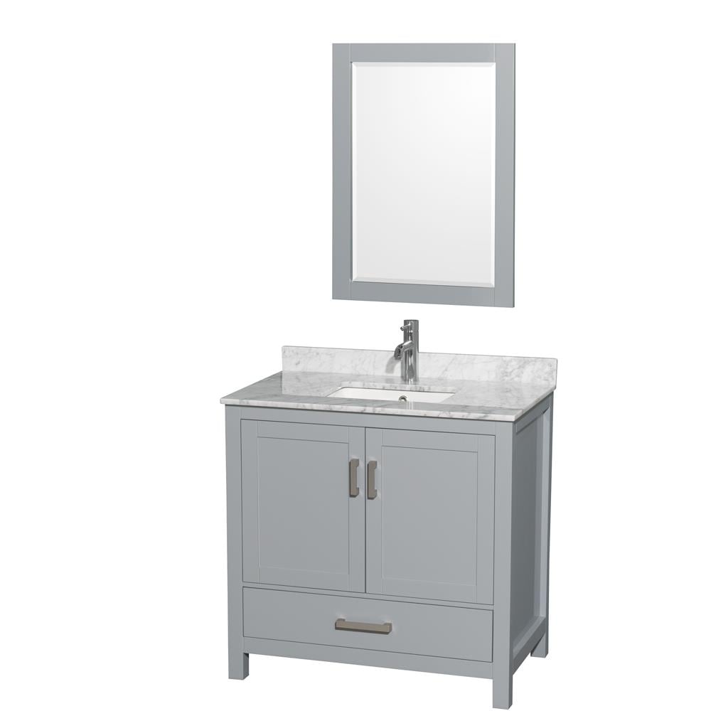 Wyndham Collection WCS141436SGYCMUNSM24 Sheffield 36-in Gray with Brushed Chrome Trim Undermount Single sink Bathroom Vanity with White Marble Top (Mirror Included)
