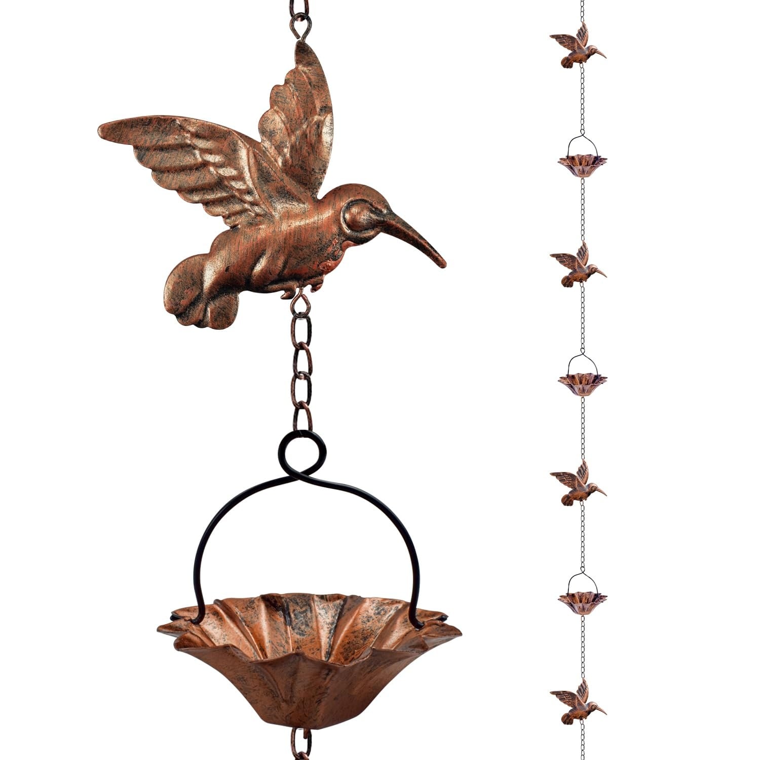 Etokfoks  8 5Ft Copper Color Metal Solar Rain Chain with Hummingbird and Flower Cup Design for Gutters Outdoor Garden