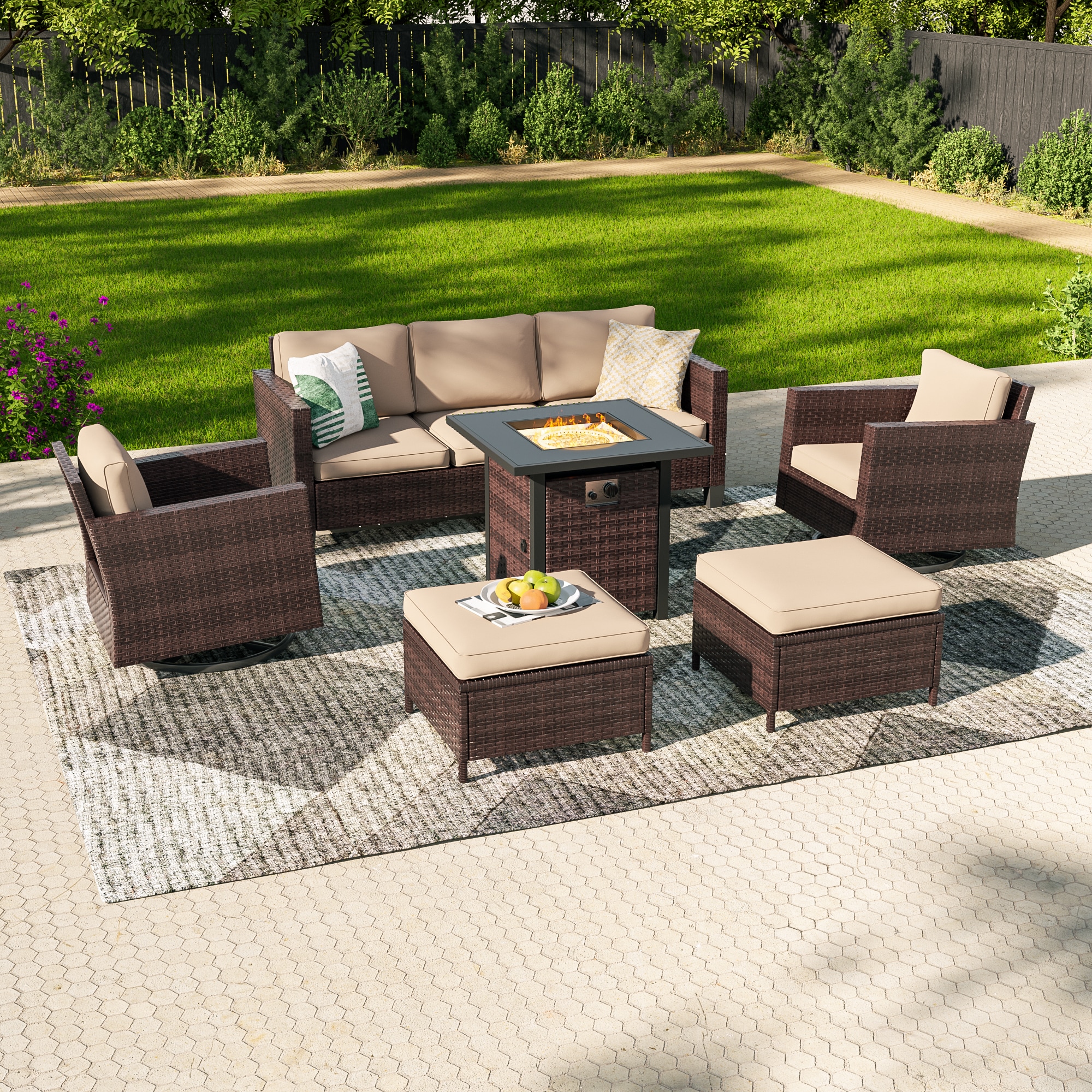 Sonkuki SD-PSS1-2RBSD-T4 Patio Conversation Set 6 -Piece Wicker Patio Sofa Conversation Set with Beige Cushions