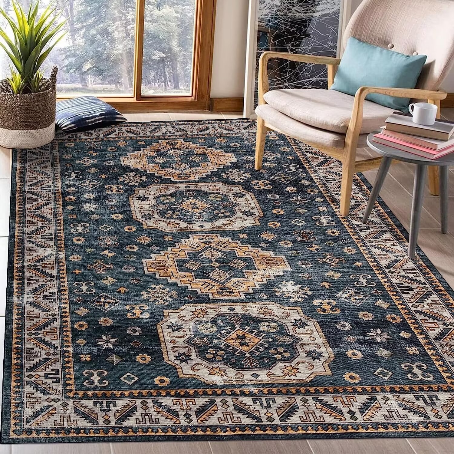 Garvee YXY-LO-PHO-0YJVRSY6 8 x 10 (ft) Polyester Blue Rectangular Indoor Abstract Vintage Machine washable Area rug
