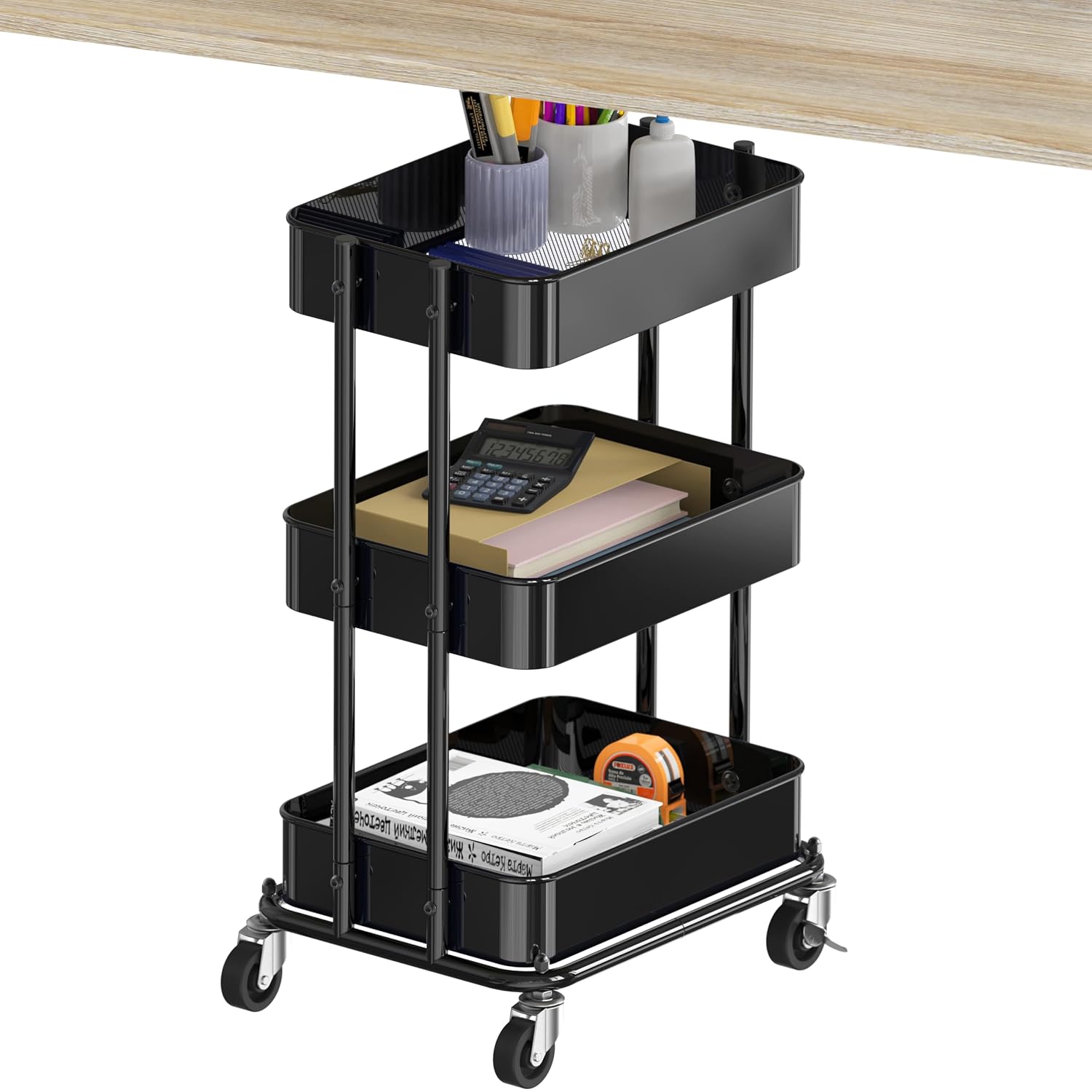Fredees 3-Tier Compact Rolling Utility Cart with Locking Casters and Steel Mesh Baskets 11.75 x 15 x 24.5 Inch Low-Profile Under-Desk Storage Organizer