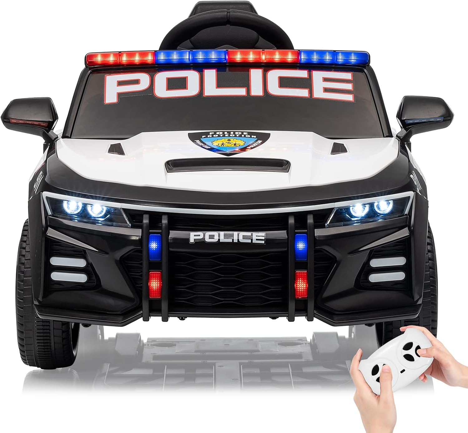 Qeetex KIDSPTG334YCVHY 12V Kids Ride On Police Car With Remote Control Led Flashing Lights Siren Megaphone Music Soft Start Safety Belt And Spring Suspension White