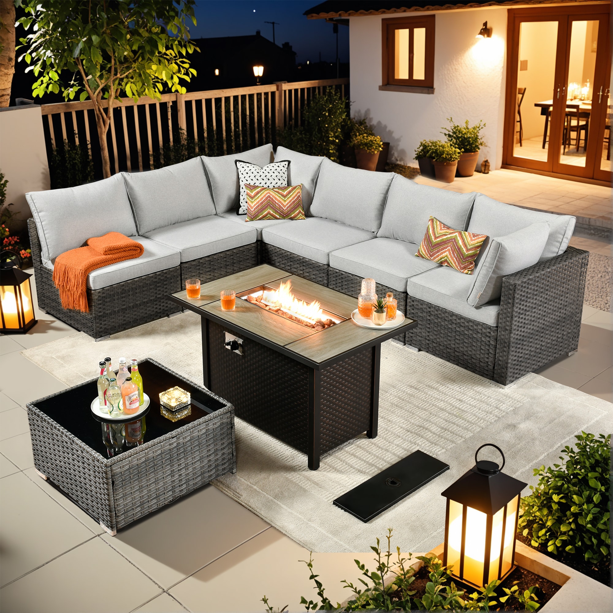 weaxty DCFP03RRS408 Kuuga 8 -Piece Rattan Patio Conversation Set with Gray Cushions
