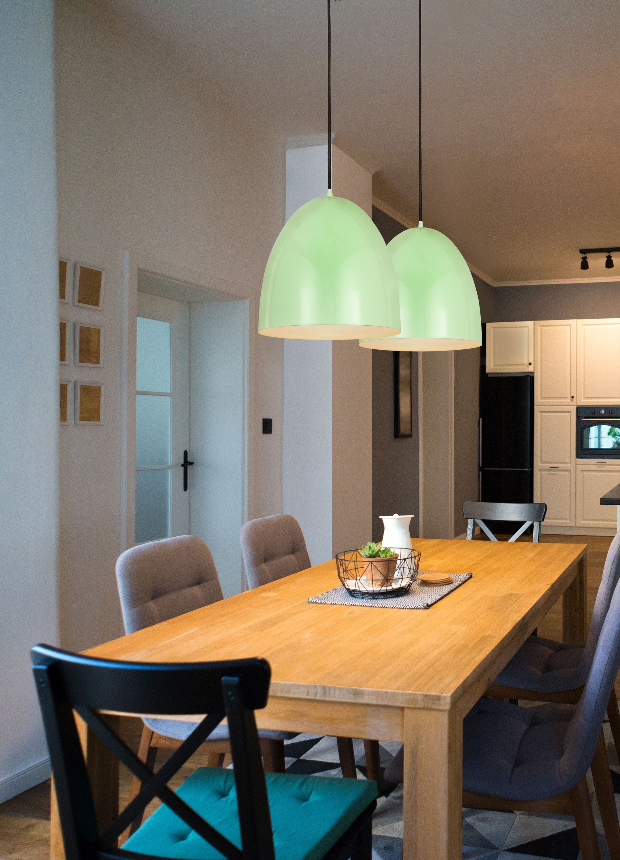 Farmhouse Mint Dome Pendant Light with Braided Black Cord