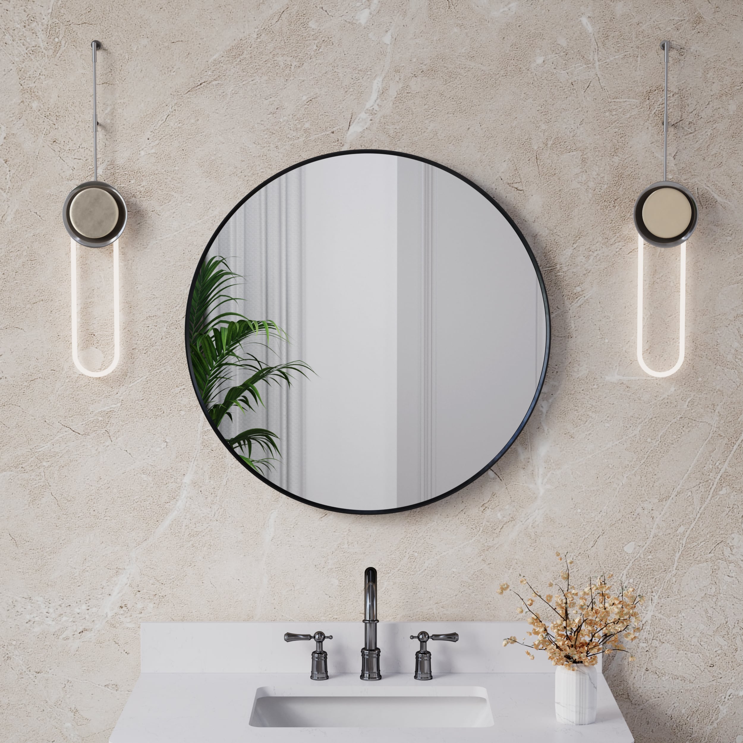Forclover HYFC-BA282BK CMF 28-in x 28-in Framed Round Bathroom Vanity Mirror ( Black )