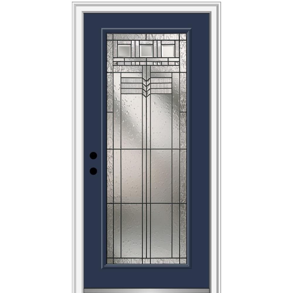 MMI DOOR ZZ3664167R 34-in x 80-in x 4-9/16-in Fiberglass Full lite Right-hand inswing Naval Painted Prehung Front Door with Brickmould Insulating core