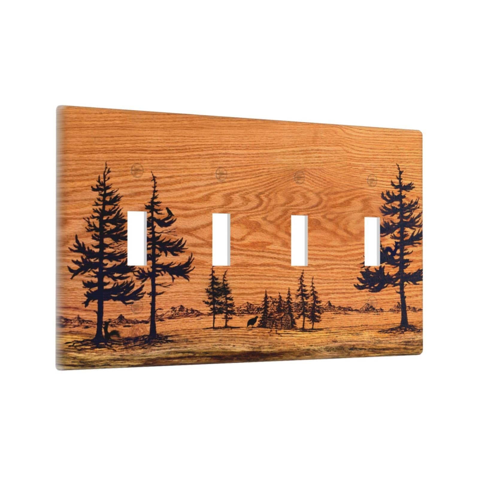 Adrinfly Rustic Farmhouse Orange Brown Pine Tree Wood Grain Four Gang Light Switch Cover Decorative Quad Toggle Wall Plate for Country Bathroom #LAD0828D126