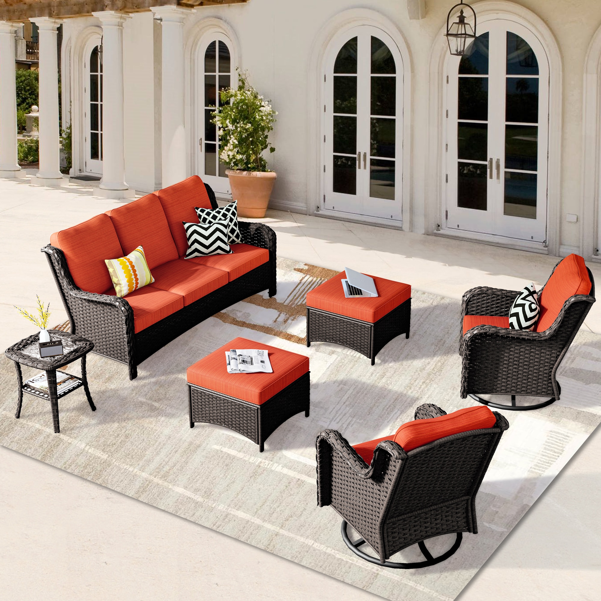 XIZZI XCTRC8163 Vesta 6 -Piece Wicker Patio Sofa Conversation Set with Orange Cushions