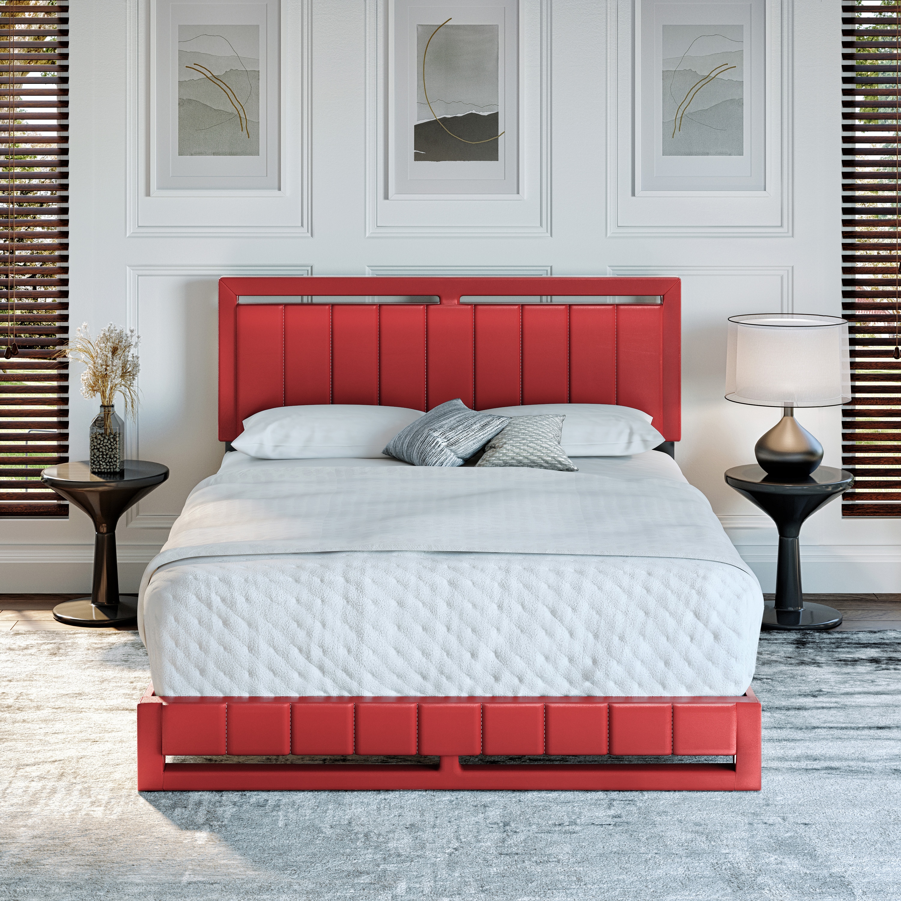 Boyd Sleep HC201604402 Beaumont Leatherette Upholstered Platform Bed Frame with Headboard- Mattress Foundation with 14 Slat Sturdy Wood Support System- No Box Spring Required