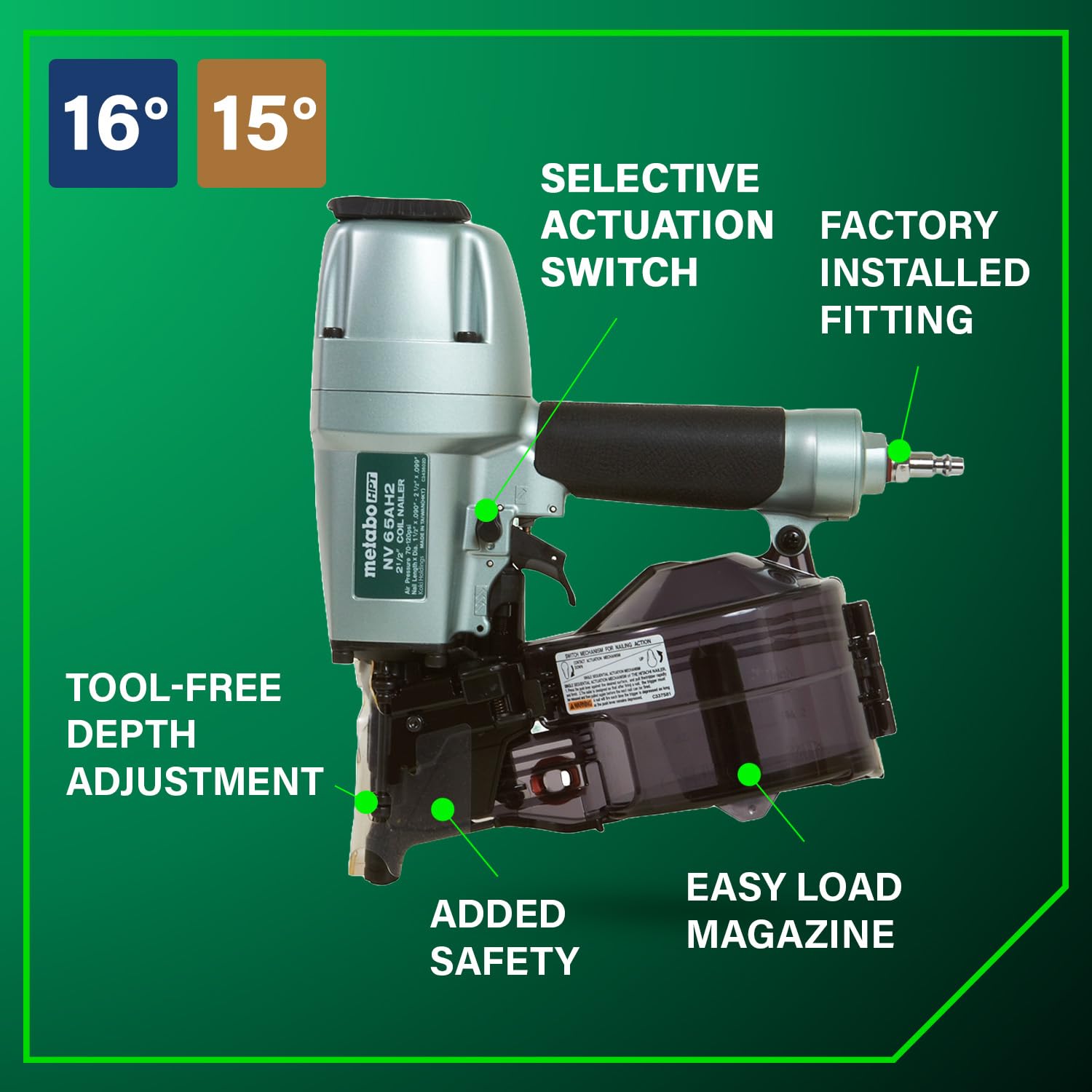 Metabo HPT NV65AH2 Coil Siding Nailer - Pneumatic 15 Plastic 16