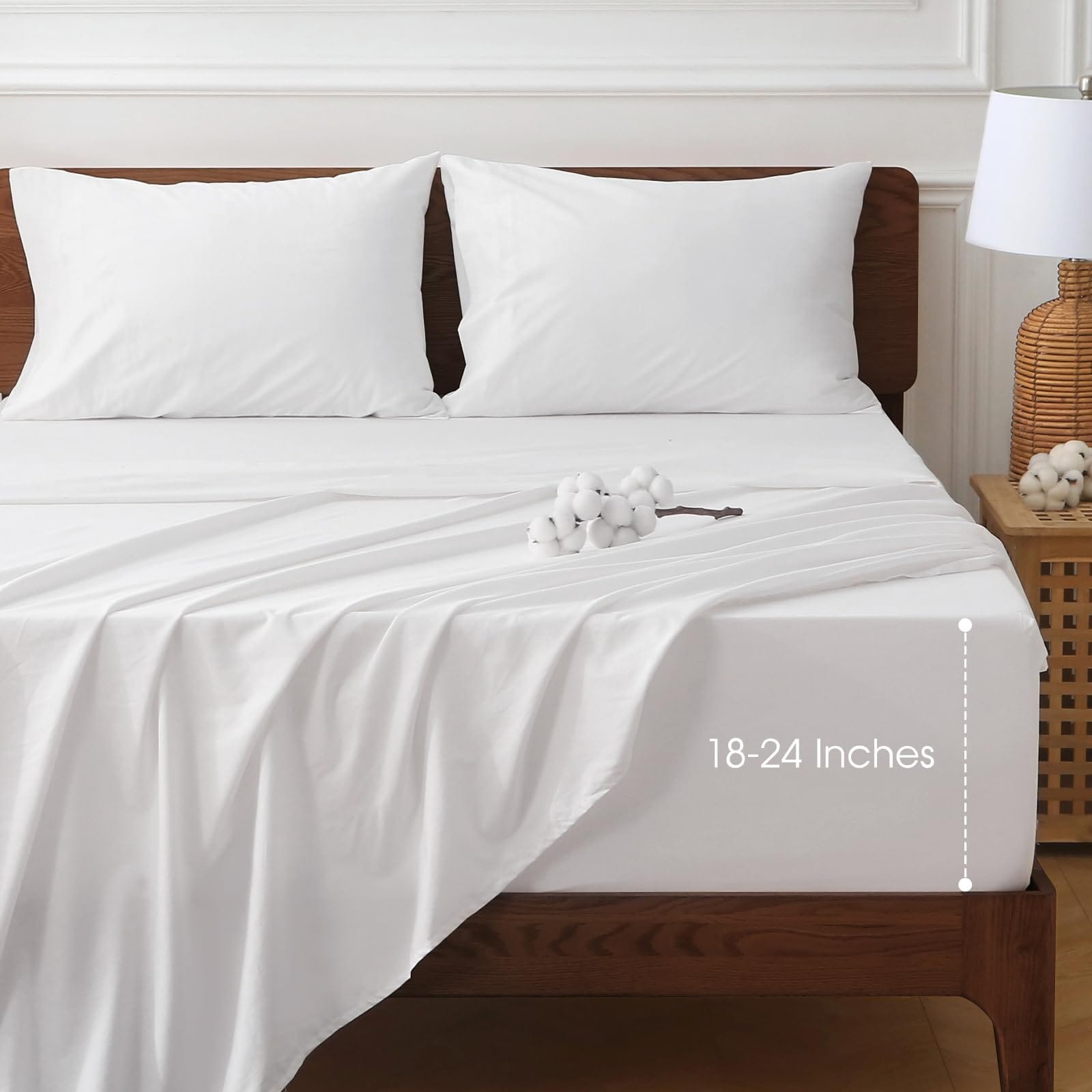 Yichuhaoxi  Queen Sheet Set 100 Percent Cotton Extra Deep Pocket Fits 18 to 24 Inch Mattress Soft Cooling Wrinkle Free White 4 Piece Set