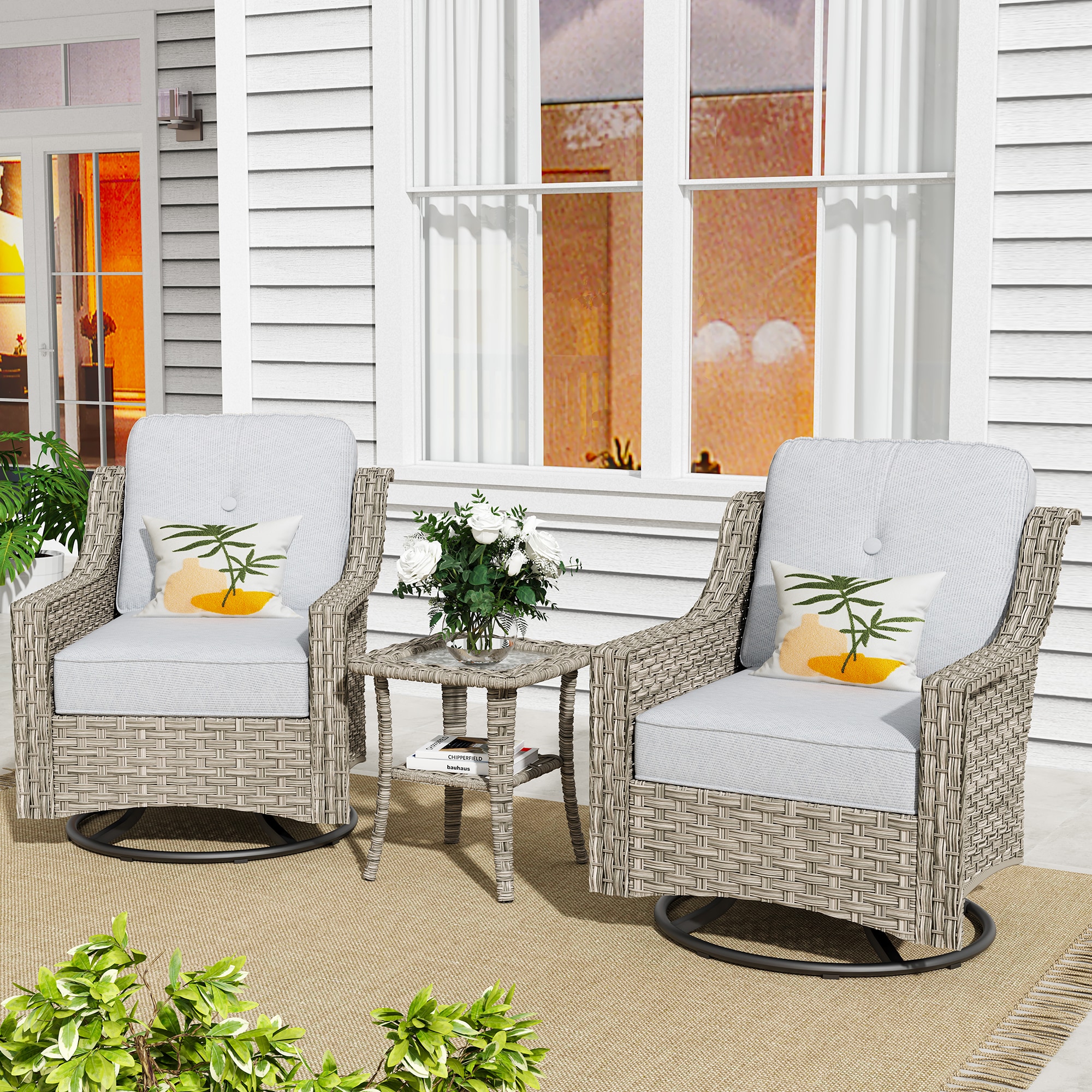 Pouuin SYZPAD403 3 -Piece Rattan Patio Conversation Set with Gray Cushions