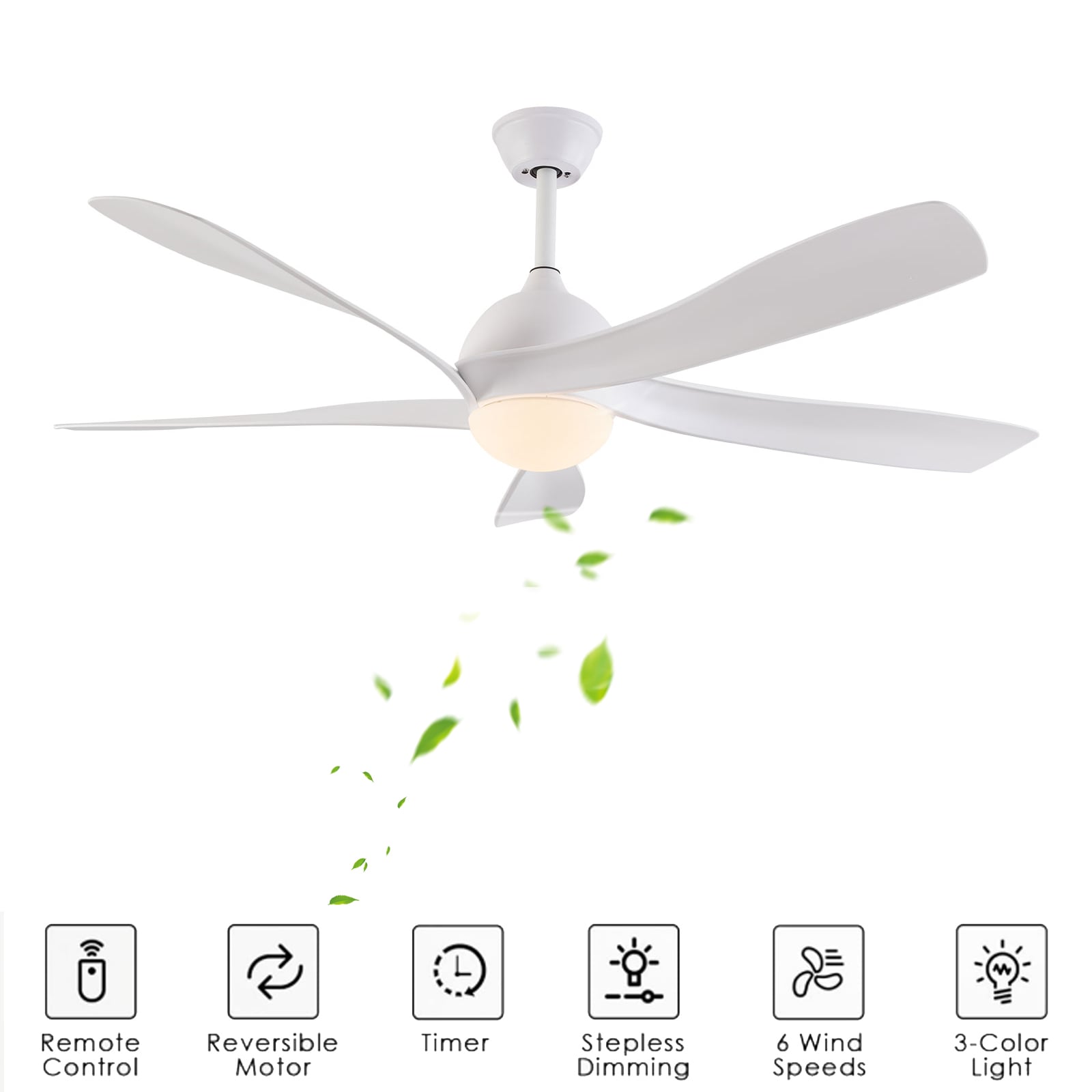Oukaning JZUCOD-01140099 52-in Color-Changing 6-speed White Minimalist Style Reversible LED with ABS Blades Ceiling Fan With Light - Remote Included ( 5 -Blade )
