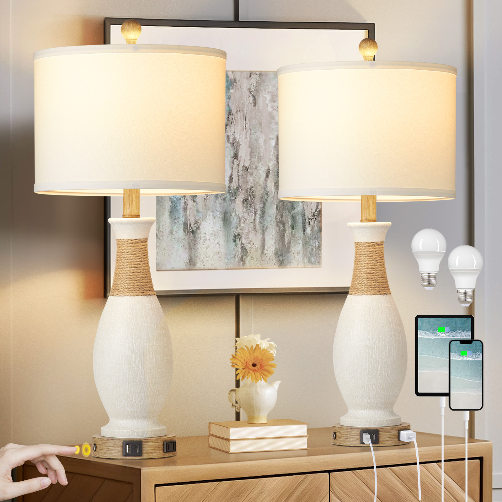 UrFurnishings TD-291 Narva 27-in white LED Touch Table Lamp with Linen Shade