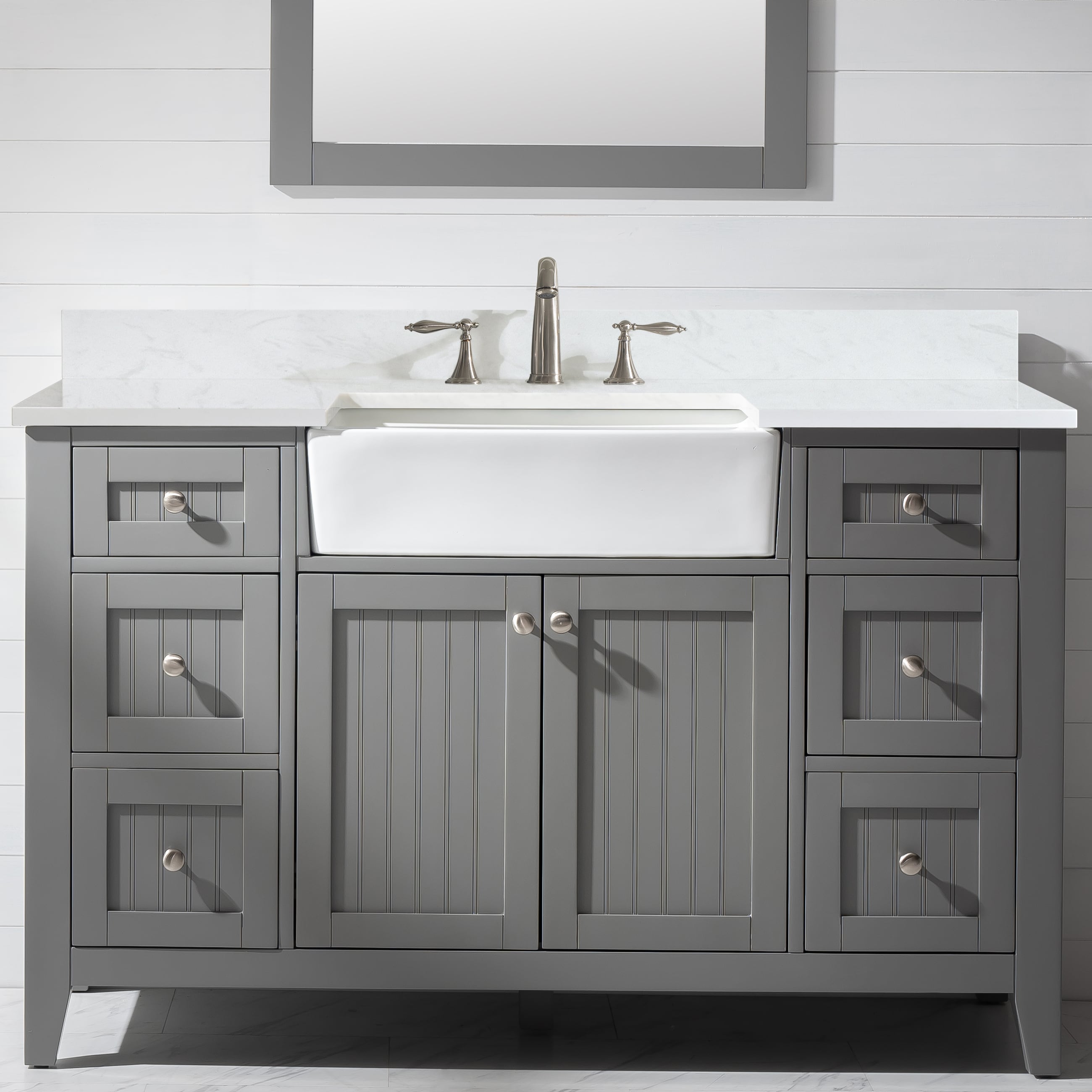 Design Element BK-54-GY Burbank 54-in Gray Farmhouse Single Sink Bathroom Vanity with White Quartz Top