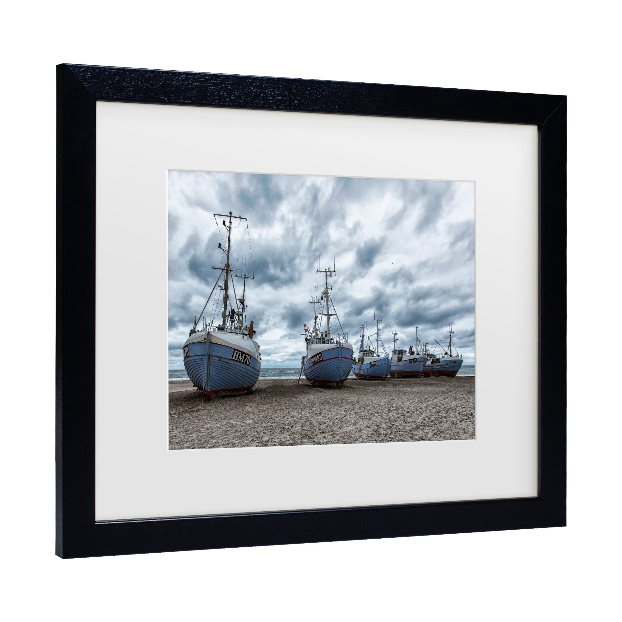 Black Framed Coastal Fishing Boats Canvas Print for Kids