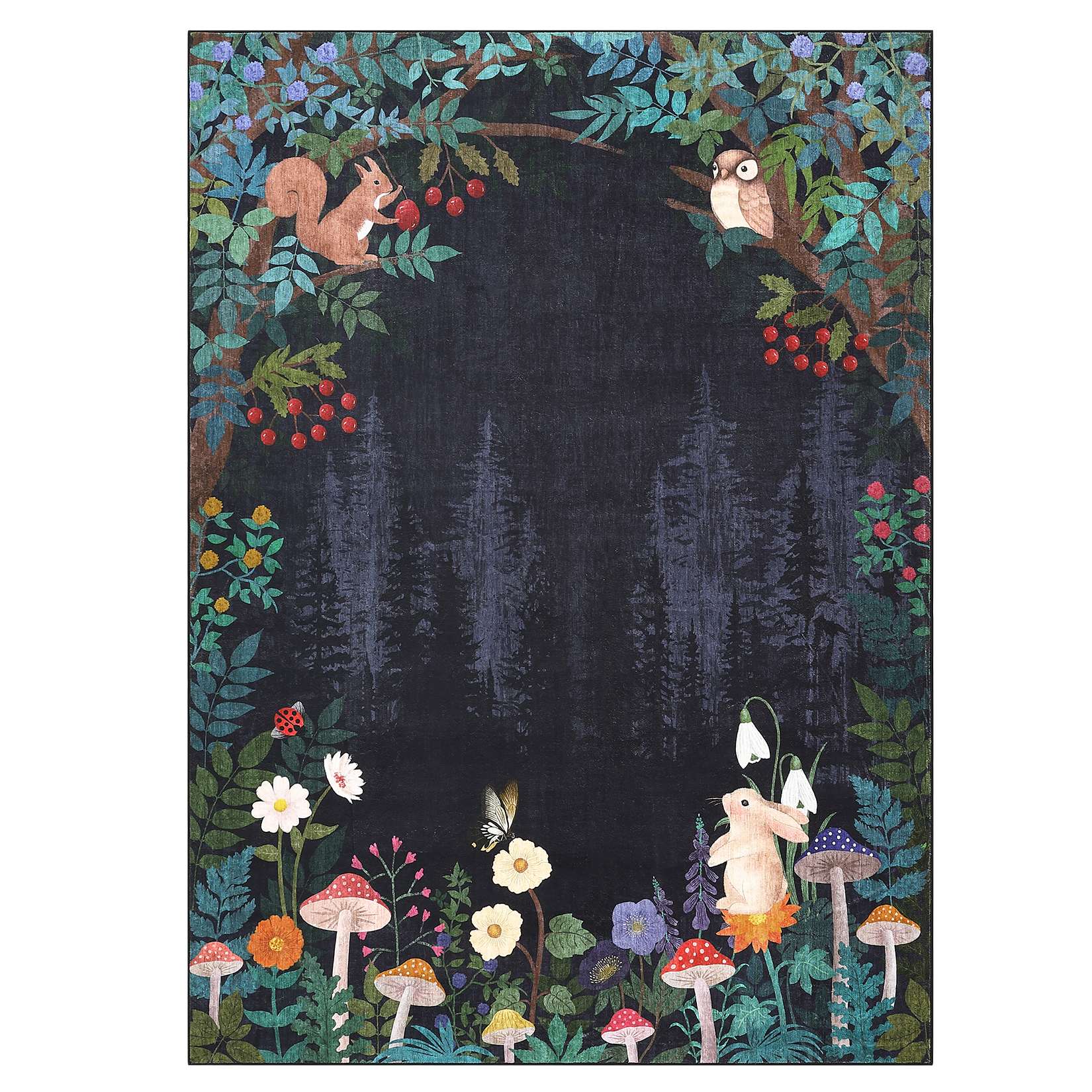 Qeetex SUNNY-PHK-35GWBCXE 4 x 6 ft Black Polyester Rectangular Living Room Kids Room Bedroom Squirrels Floral Print Modern Farmhouse Machine Washable Area Rug