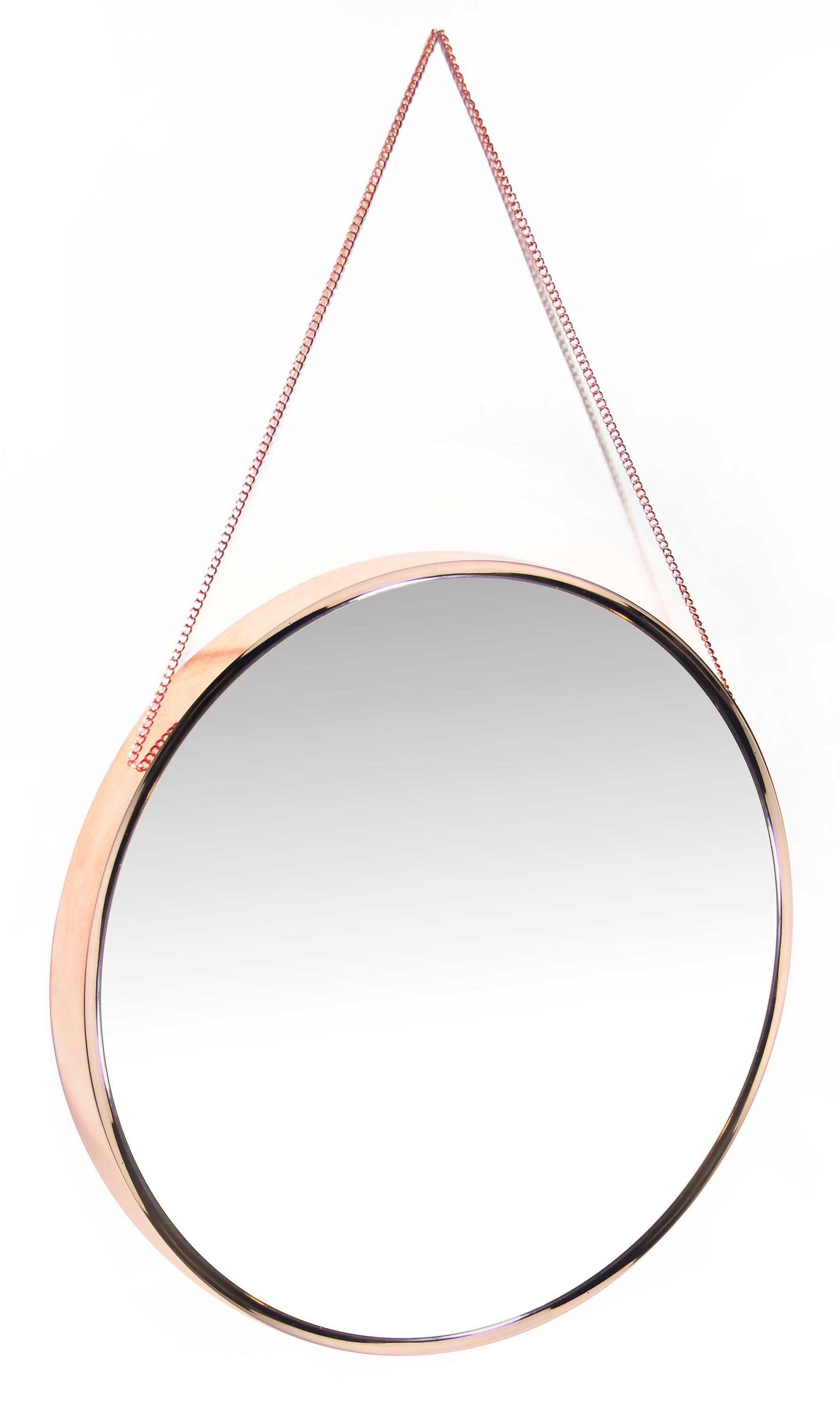 21" Modern Round Wood & Gold Wall Mirror with Metal Chain