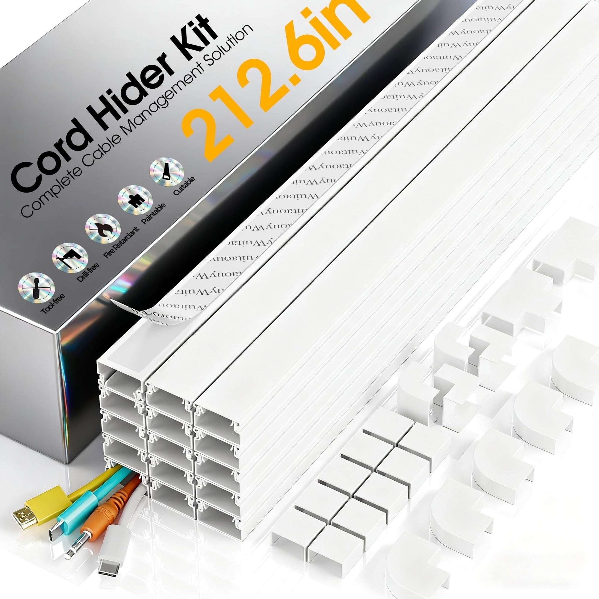OGETFUUR 212.6in White Cord Hider Kit for 2-4 Wires Wall Mounted TV Cable Management featuring Paintable Surface and Adhesive Backing Installation