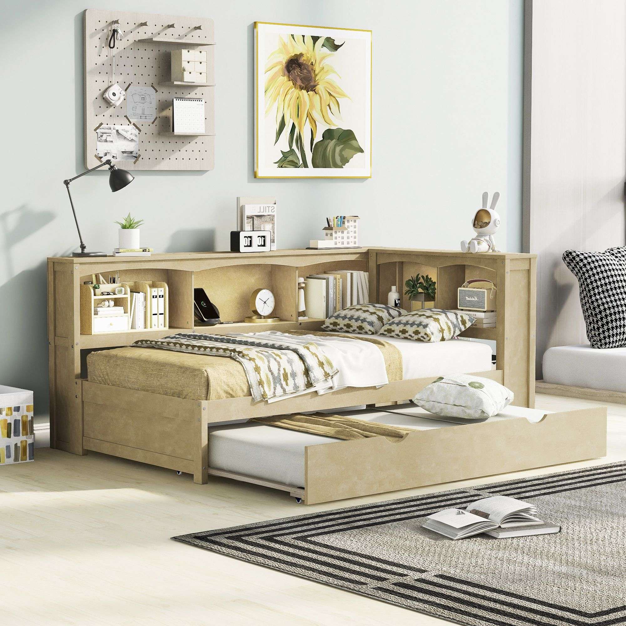 Yiekholo Twin Natural Wood Daybed Storage with Headboard