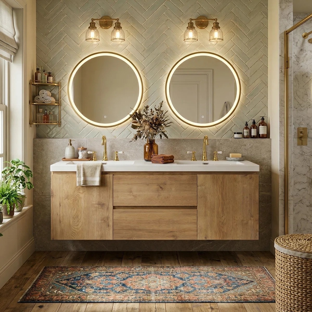 Dexmalle  60-in Brown Rustic Wall-Mounted Double Sink Bathroom Vanity With White SMC Top