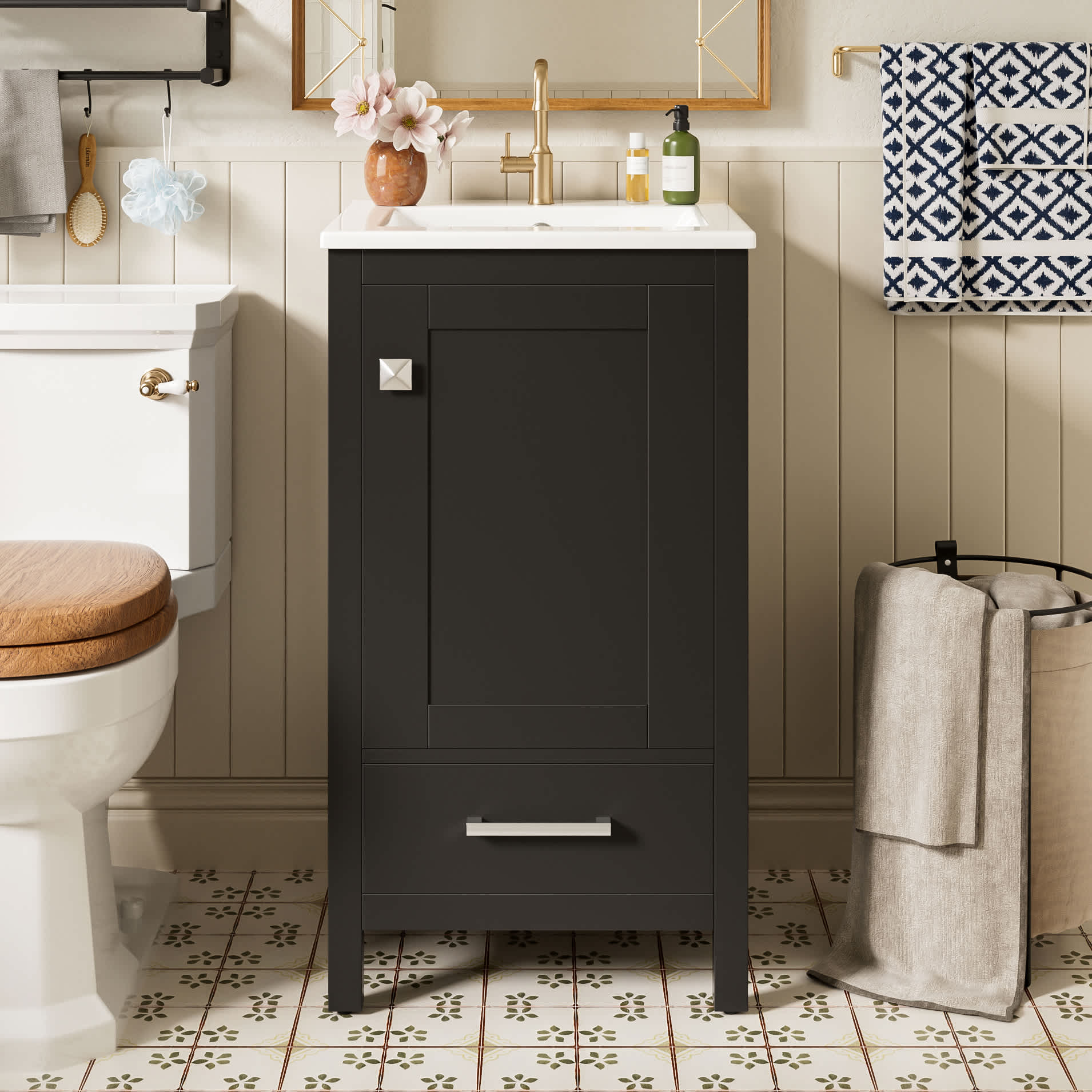 JCFL VANTP829-02 18-Inch Black Modern Bathroom Vanity with Ceramic Sink for Narrow Spaces