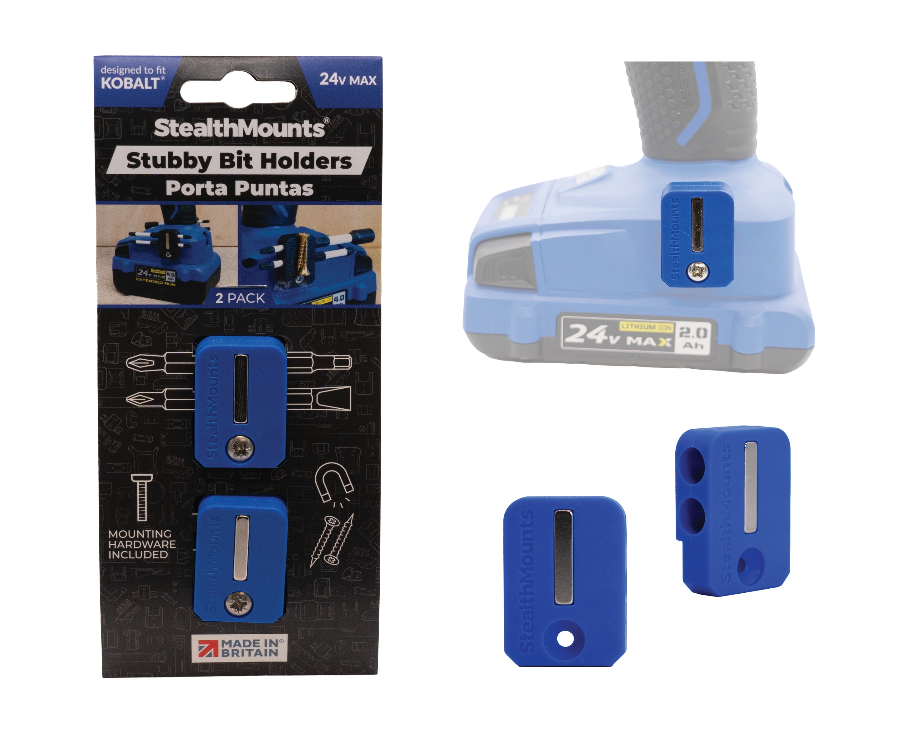 StealthMounts L-BHSKOBLU2 Plastic Magnetic accessory Magnetic Bit Holders compatible with Kobalt 24v (Blue, 2 Pack)