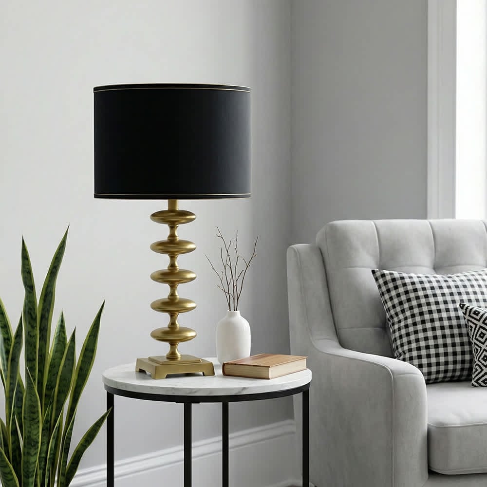 Coolbibila Gold Aluminum Table Lamp with Contemporary Disc Design Black Drum Shade for Bedroom or Living Room