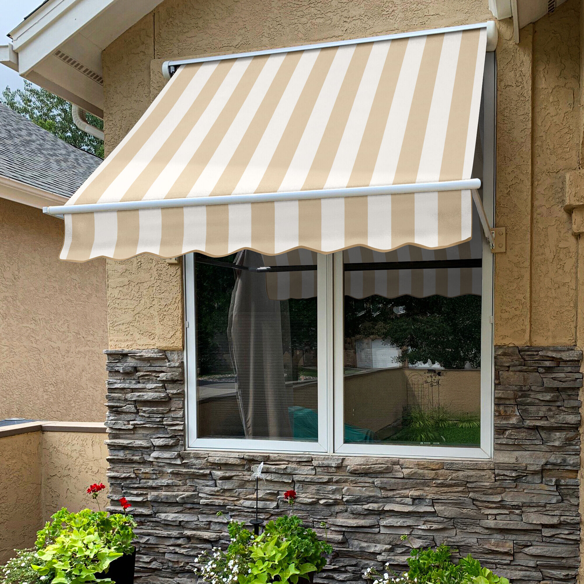 Awntech MS6-L-LW Mesa 76.5-in Wide x 24.0-in Projection x 24.0-in Height Fabric Linen/White Striped Manual Retractable Window/Door Awning