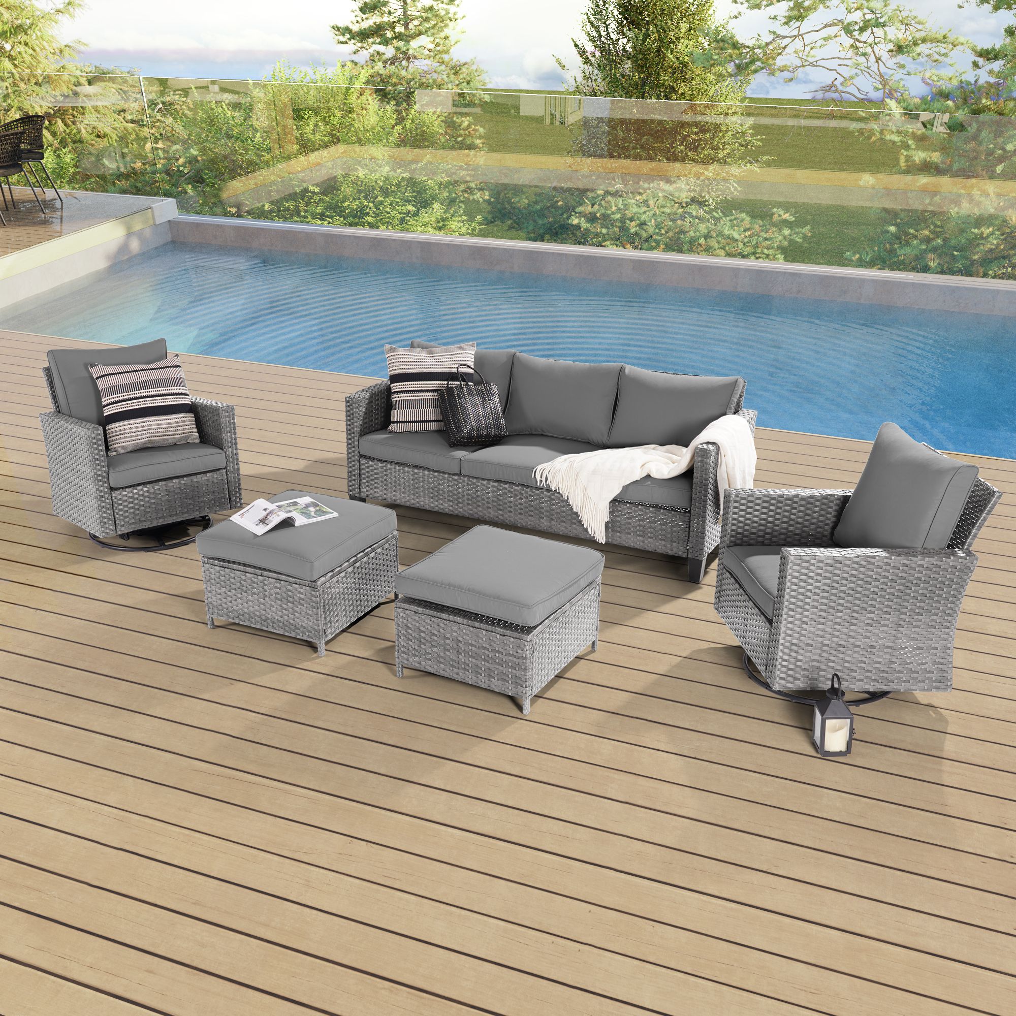 ACEGOSES LW-S1-2RHGY 5 -Piece Wicker Patio Sofa Conversation Set with Gray Cushions