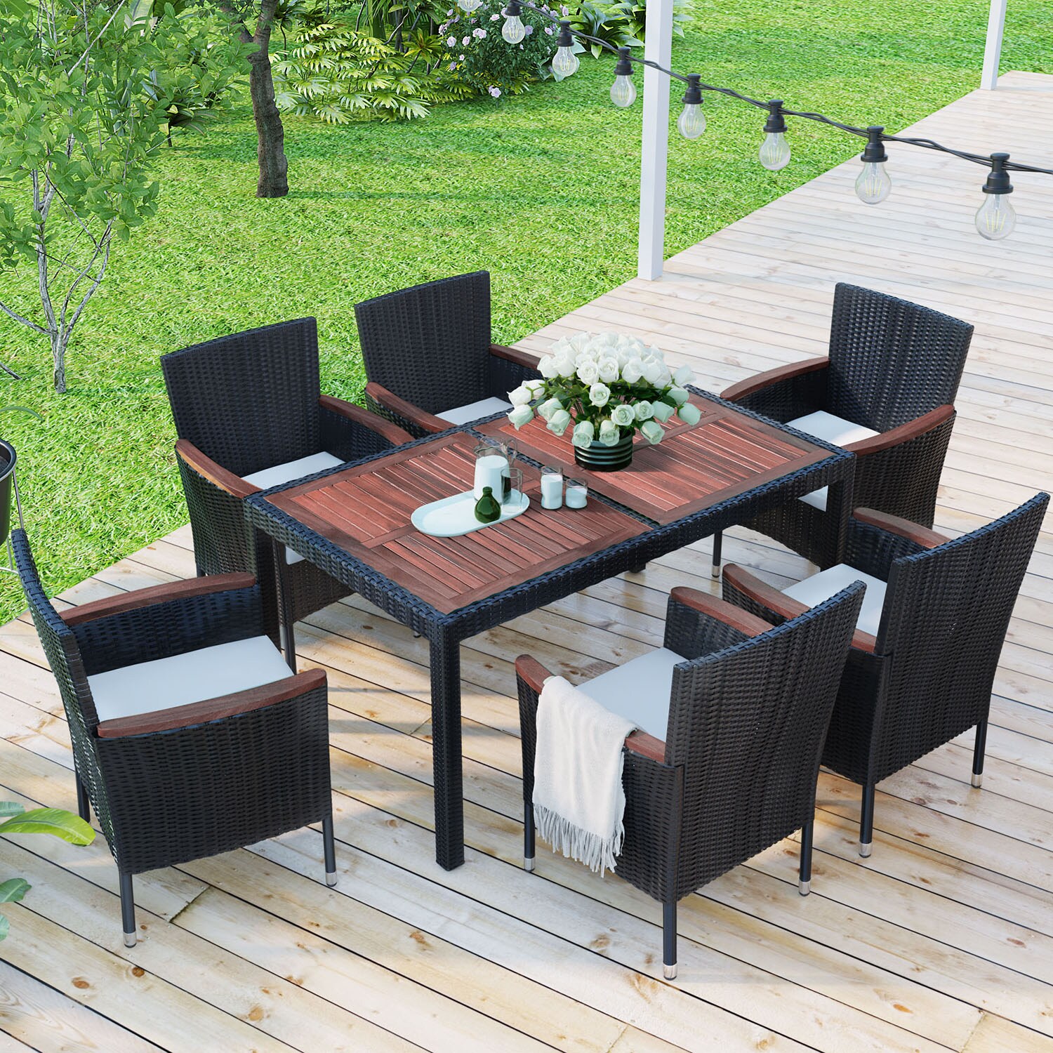 SINOFURN 7-Piece Brown Wicker Patio Dining Set Wicker Rectangle Table ...