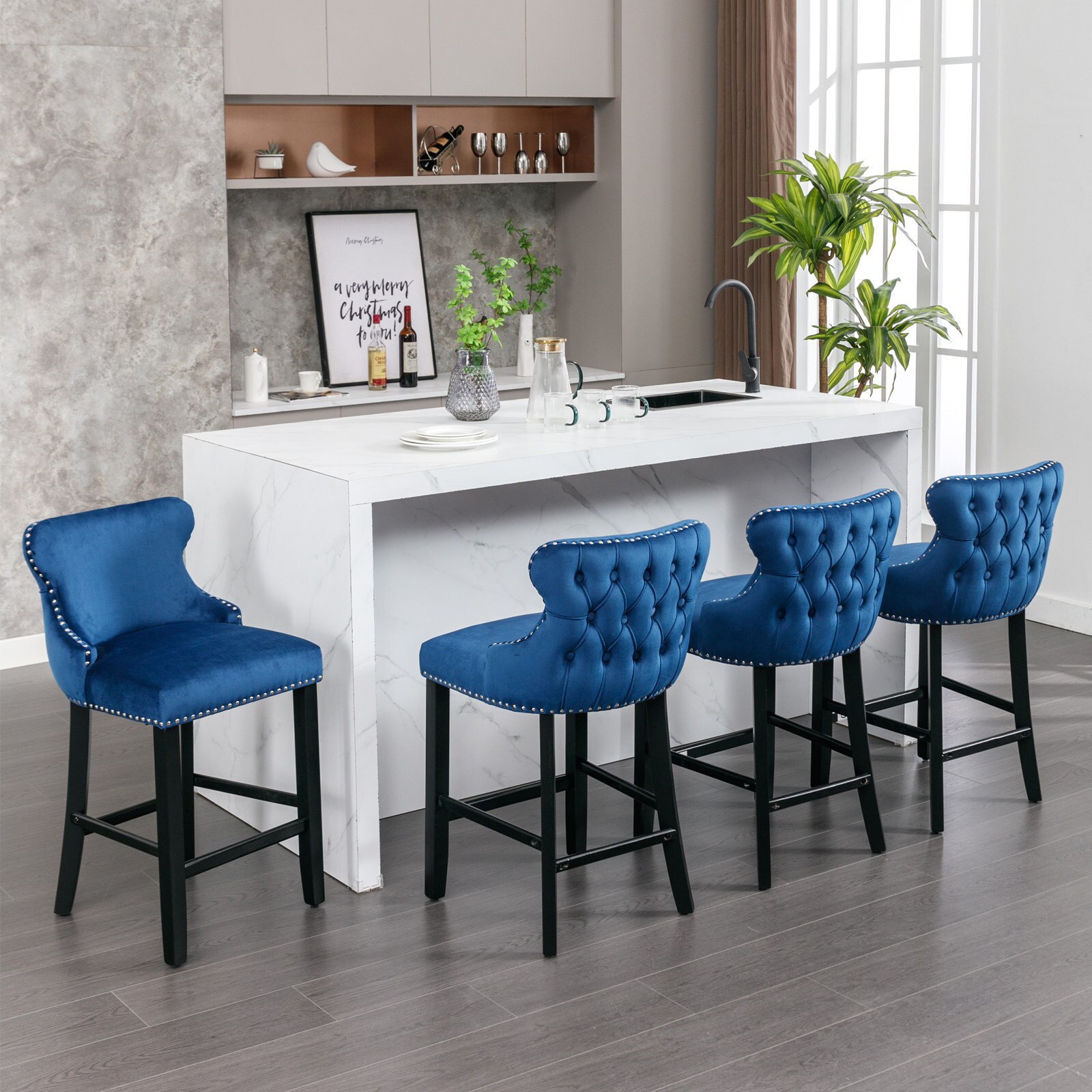 Mondawe MO-FB00933 4-piece Velvet Upholstered Wing-Back Barstools 2 -Set Dark Blue 26.7-in H Counter height Square seat Upholstered Wood Bar Stool and Back