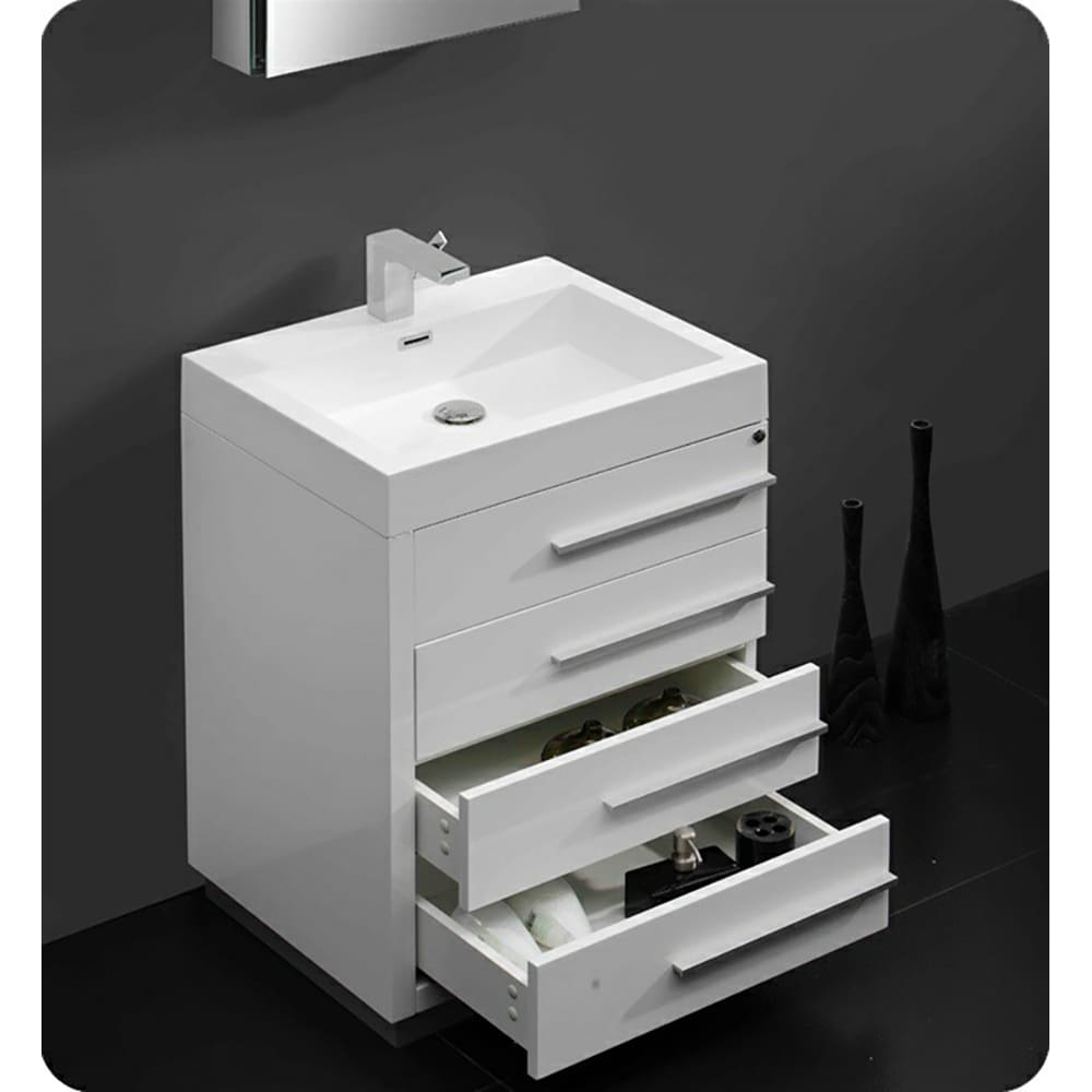 White Engineered Wood Single Bathroom Vanity Base with Drawers