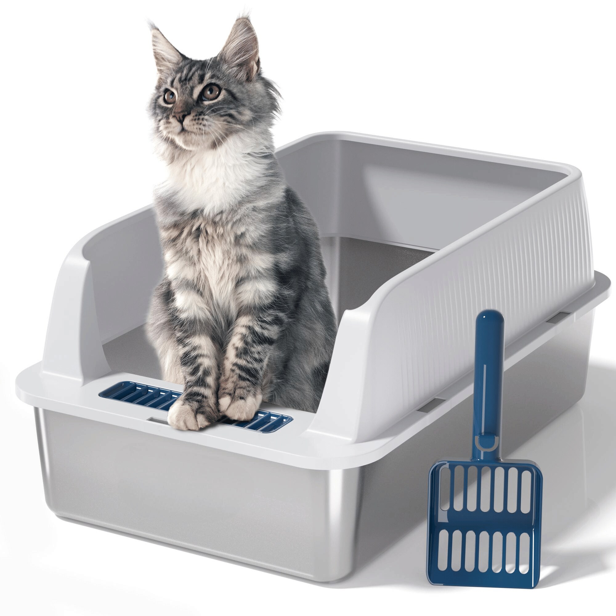 WOQWOQ - Deep Gray Stainless Steel Cat Litter Box Set of 1 Open Design White XL Extra Large Capac...