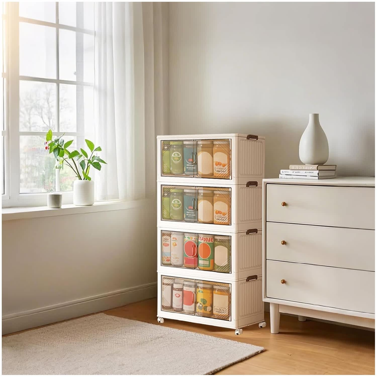 Qeetex GGL-PHK-339XDNPY 5 Tier Stackable Storage Boxes with Wheels Foldable Storage Drawers Box with Wheels Magnetic Door Top and Front Open Stackable Storage Bins for Bedroom Living Room
