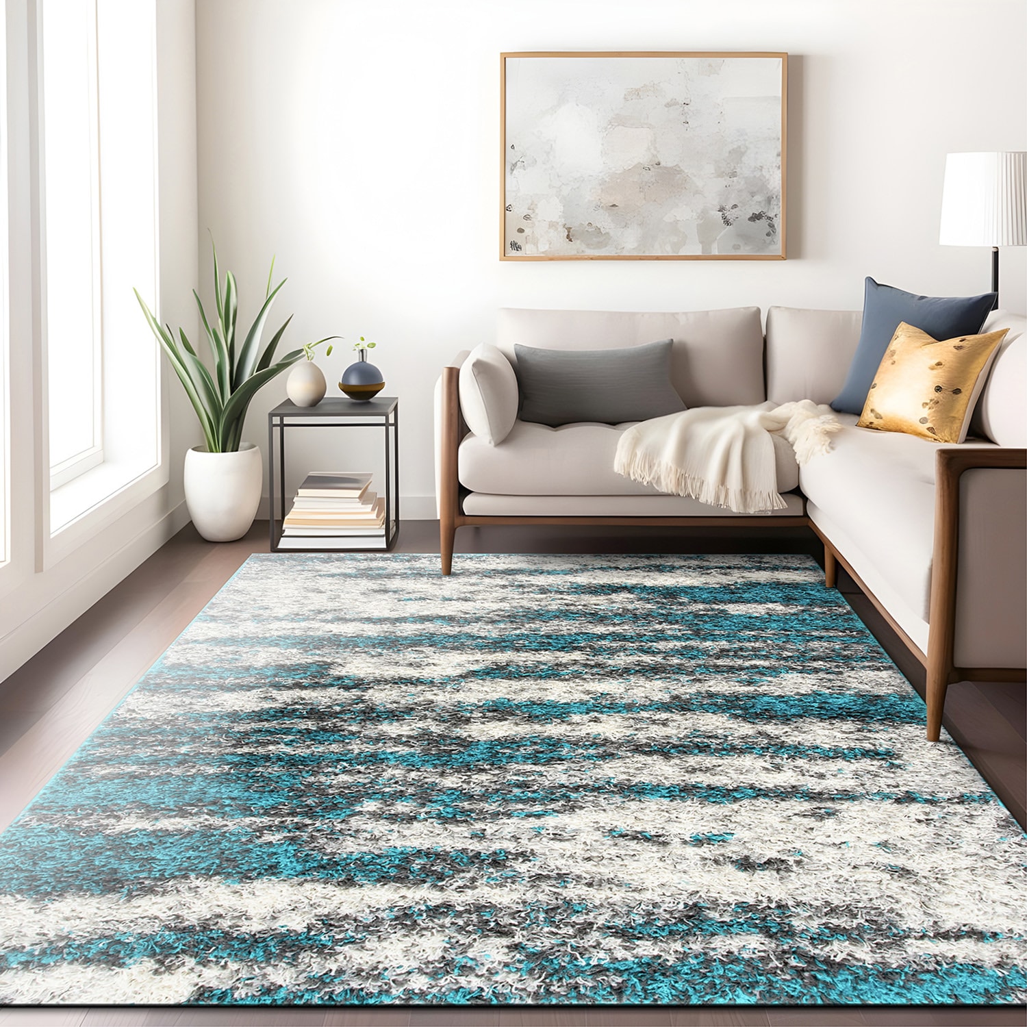 Turquoise Shag Abstract 5' x 7' Easy-Care Synthetic Area Rug