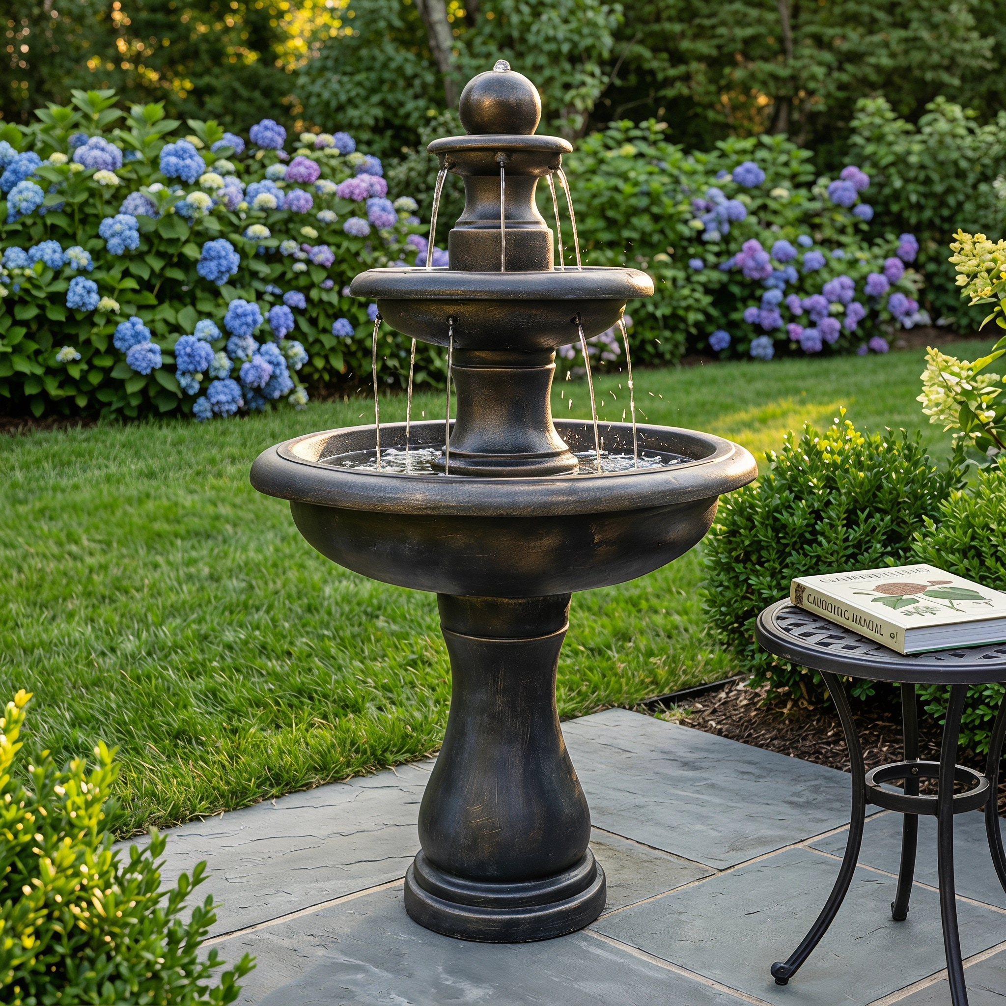 Watnature 45.2 Inch Solid Cast Concrete 3-Tier Cascading Outdoor Water Fountain Antique Black Bronze Finish Sphere Top Freestanding Pedestal Fountain