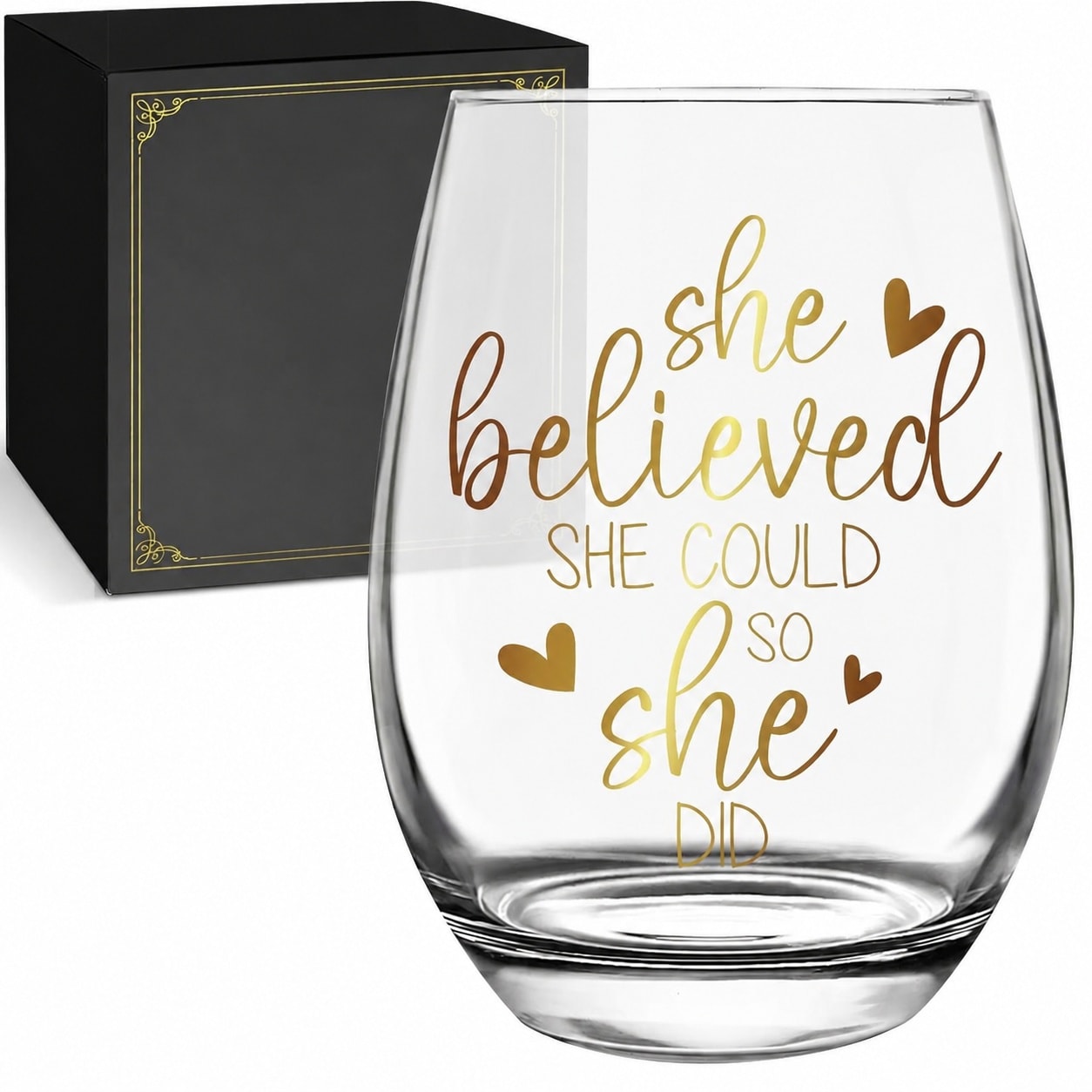 Aoibox  Lead Free Crystal Stemless Wine Glass 15 oz Gold Foil Inspirational Print Dishwasher Safe in Gift Box