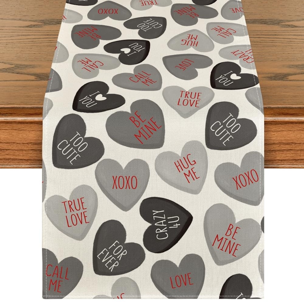 Afoxsos  Black True Love Heart Valentines Table Runner 13 x 72 Inch Polyester Table Decor for Kitchen Dining Home Party Fits 4 to 6 Seat Table