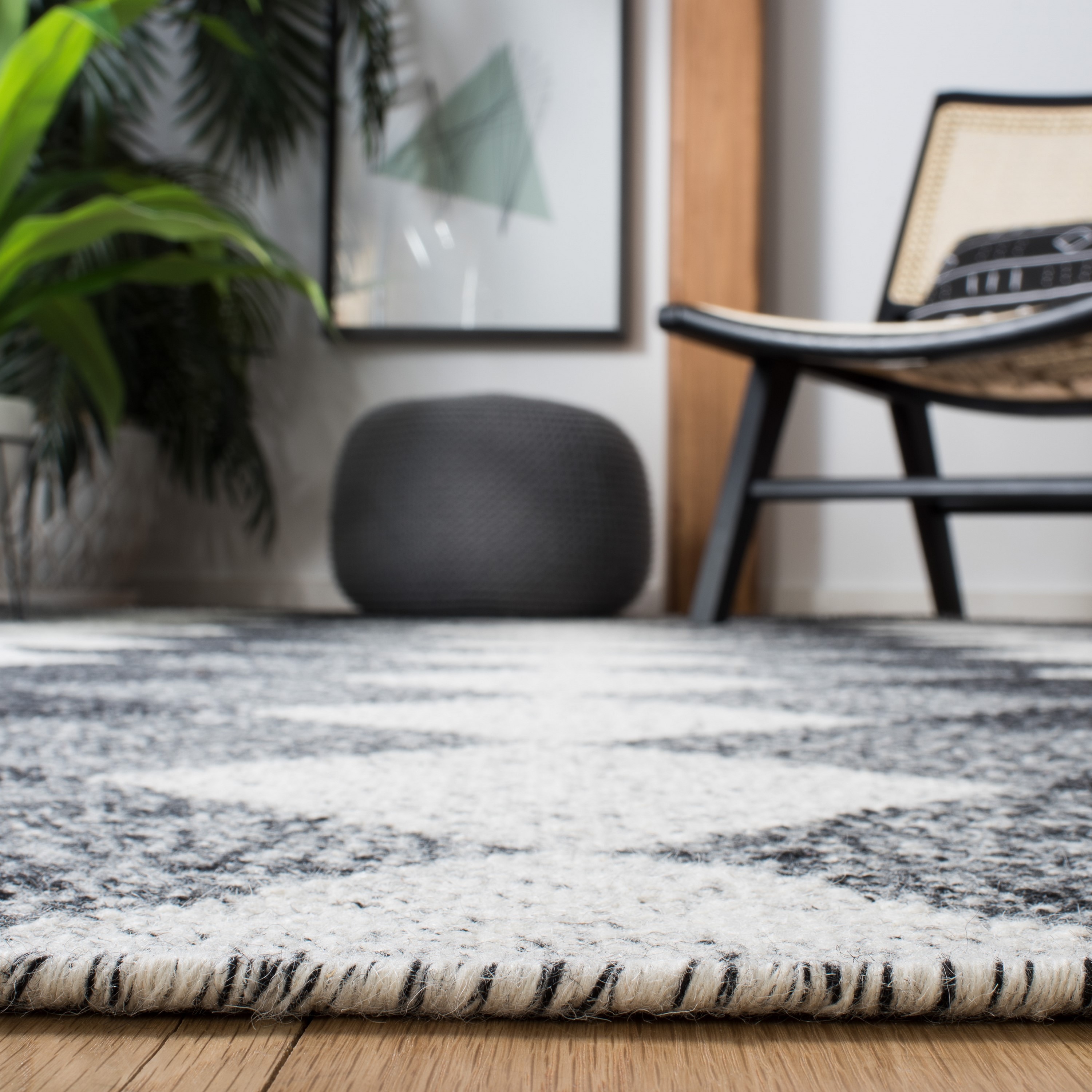 Nomadic Essence Handwoven Black & Ivory Wool Runner Rug - 2'3" x 9'
